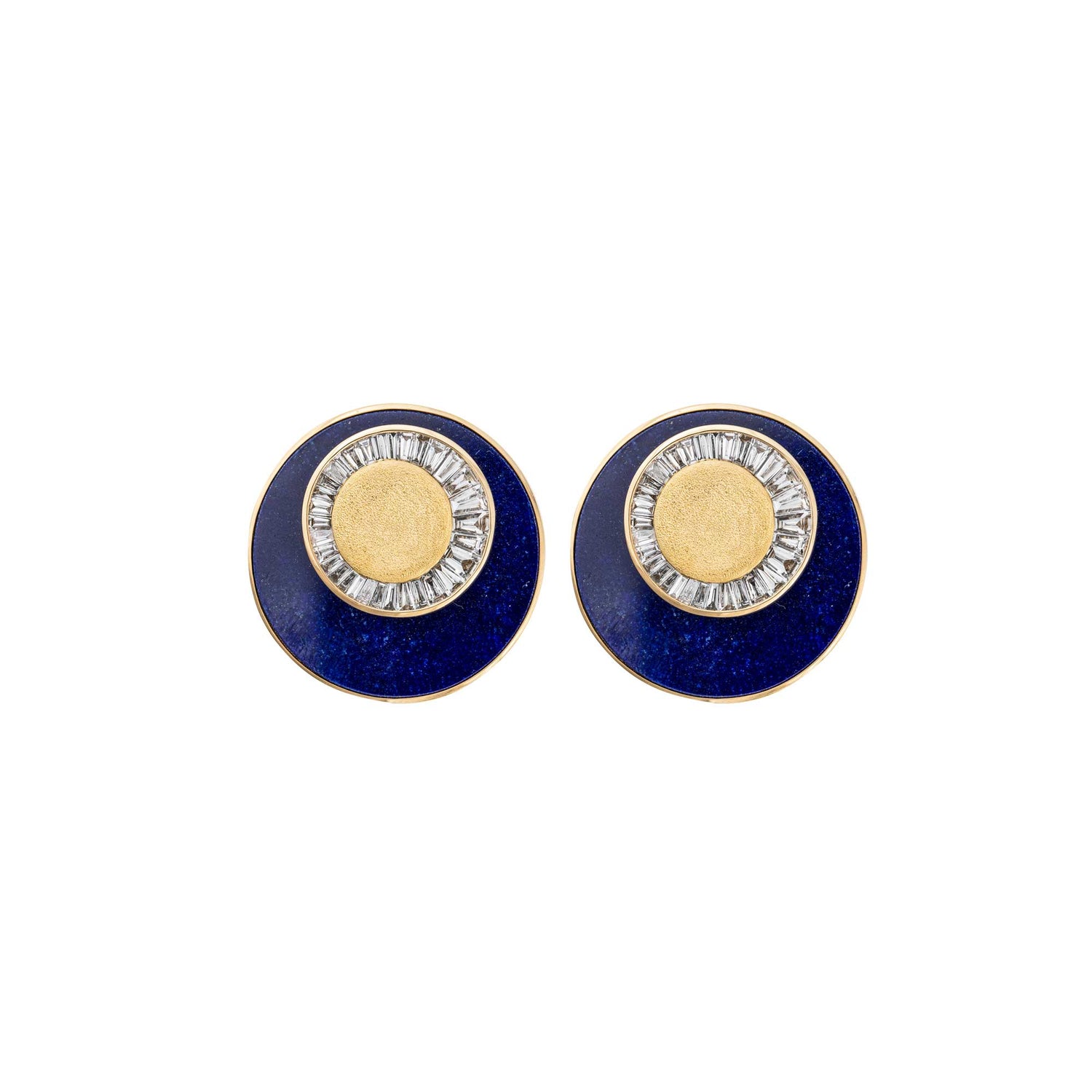 Céleste Yellow Gold Lapis & Baguette Diamond Circular Earrings