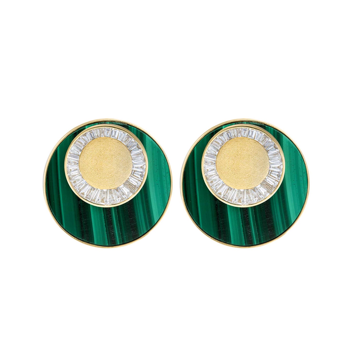 Céleste Yellow Gold Malachite & Baguette Diamond Circular Earrings