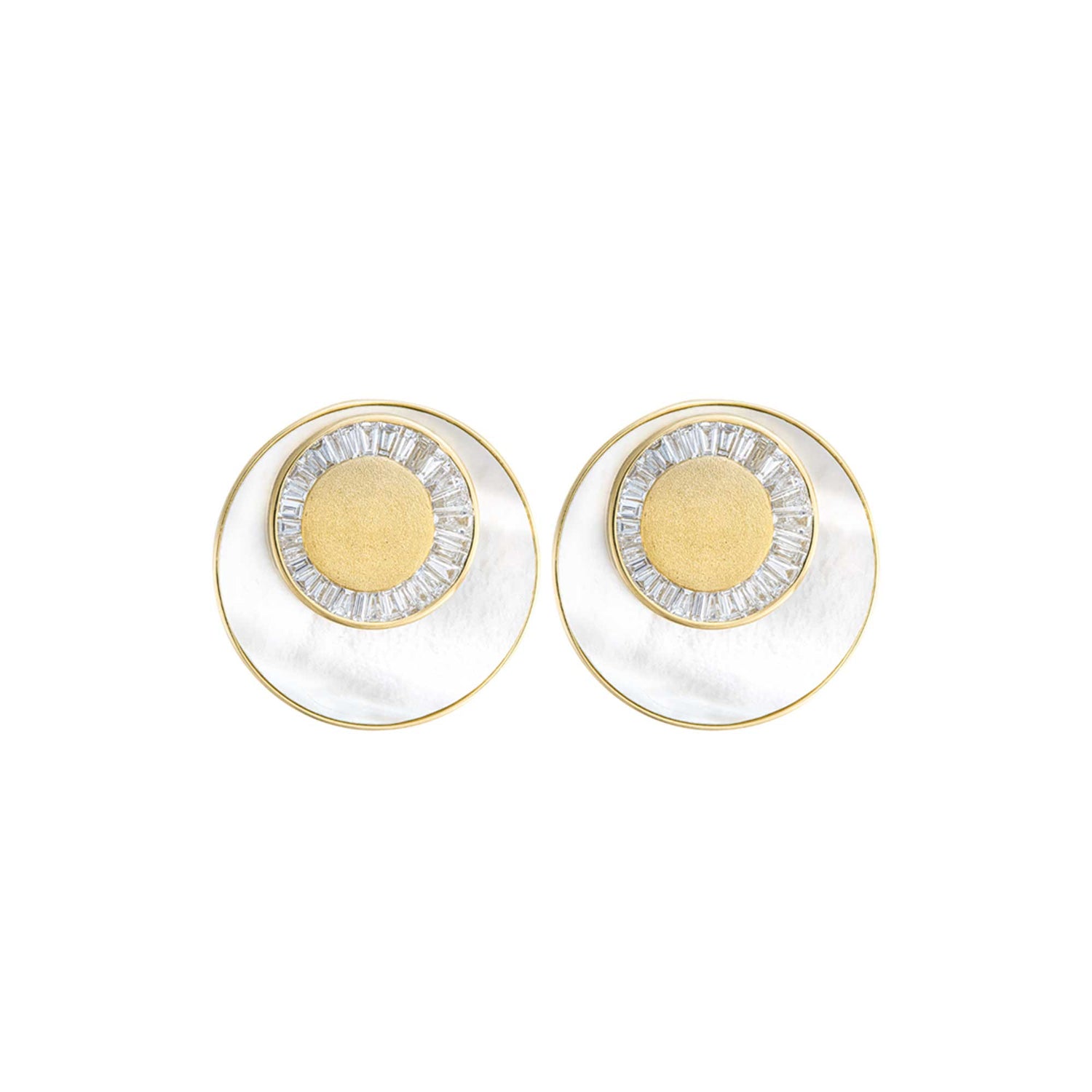 Céleste Yellow Gold Mother of Pearl & Baguette Diamond Circular Earrings