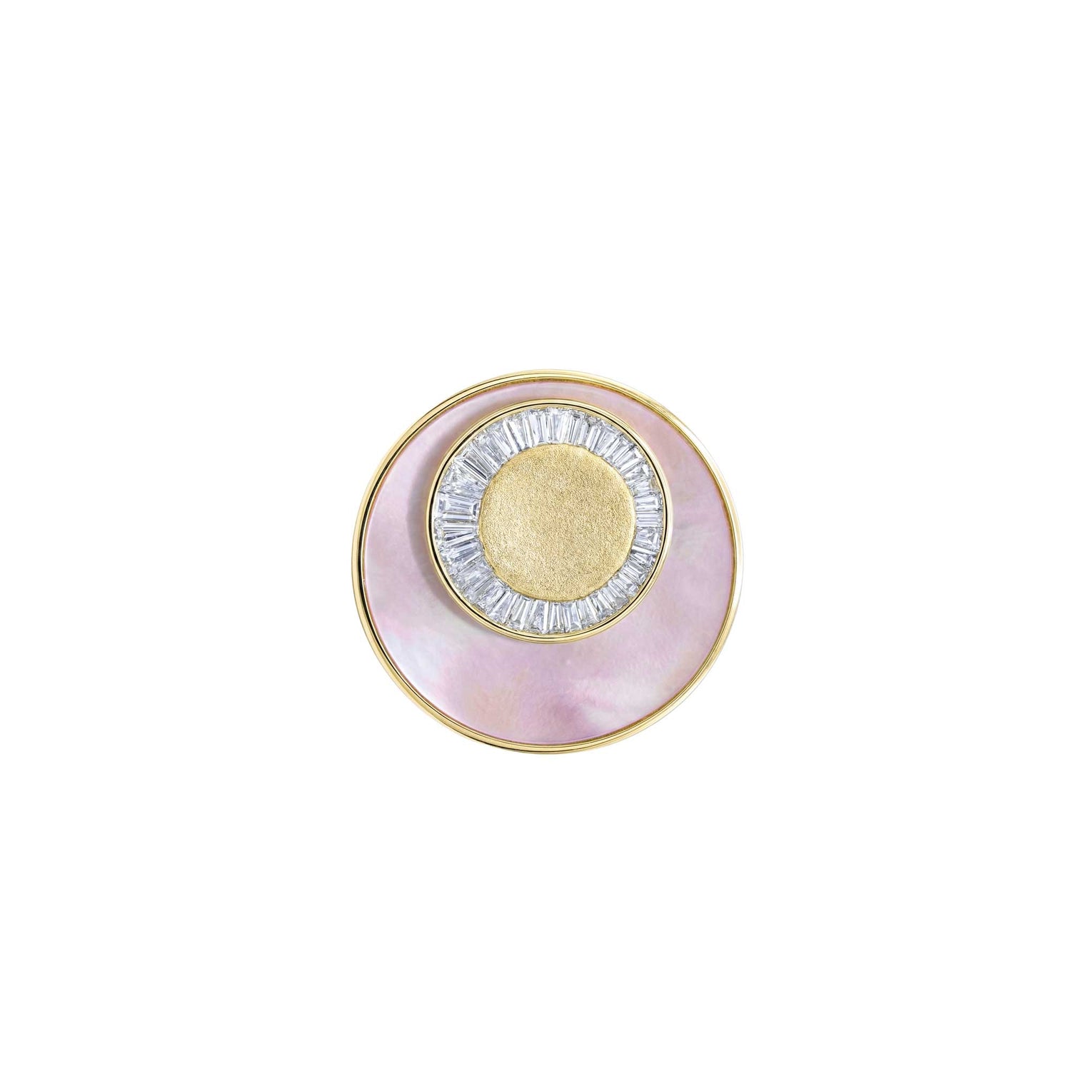 Céleste Yellow Gold Pink Mother of Pearl & Baguette Diamond Circular Ring