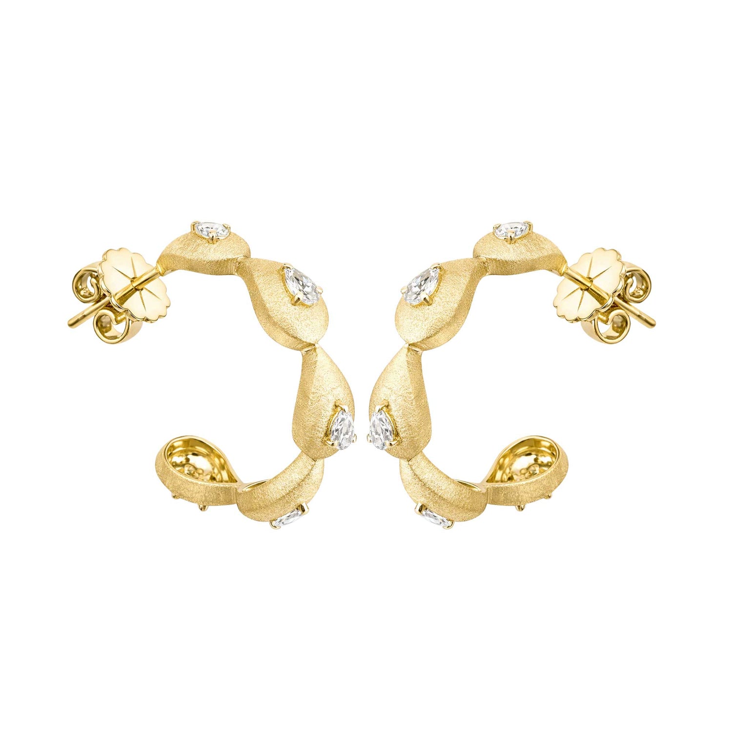 Roma Link Pear Diamond Yellow Gold Brushed Hoop Earrings