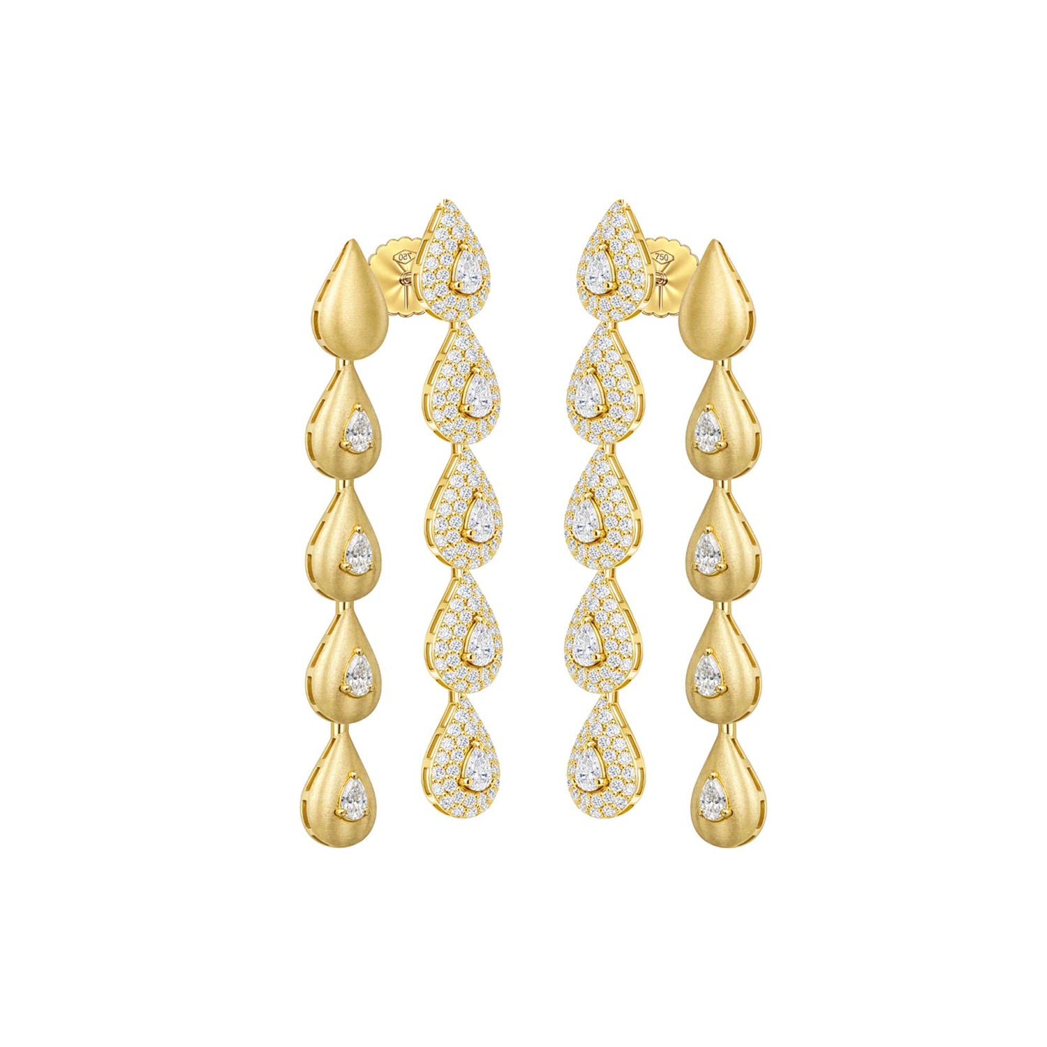 Roma Link Pear Yellow Gold Diamond Cascade Drop Earrings