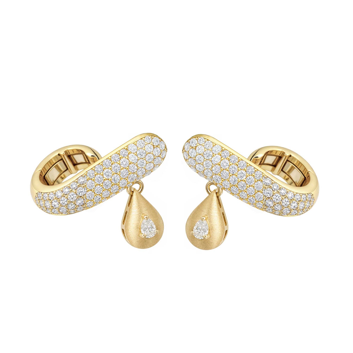 Roma Pear Yellow Gold Pavé Diamond Drop Earcuff Pair