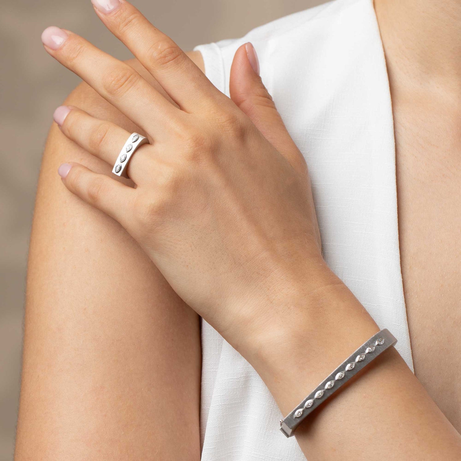 Belle Sculptural White Gold Marquise Diamond Brushed Slim Bangle