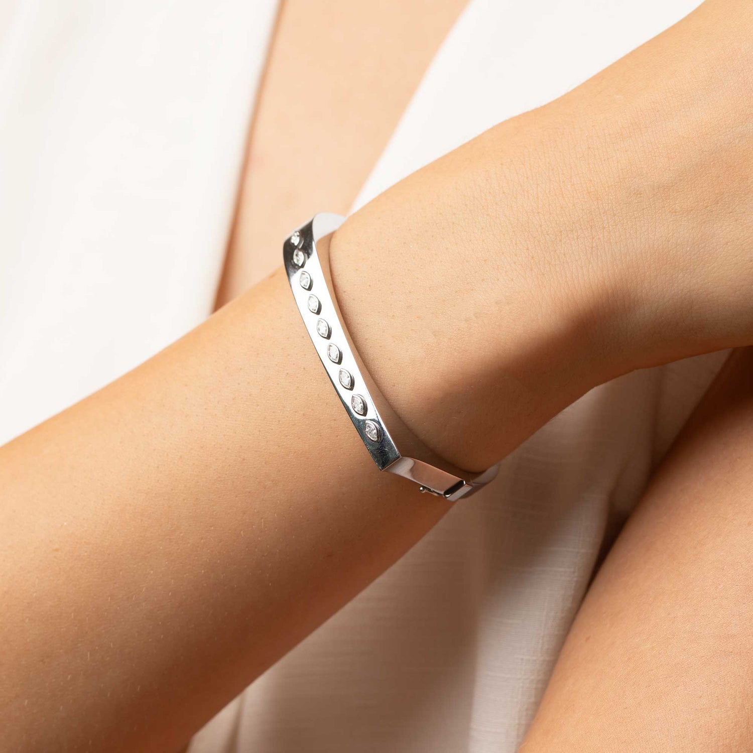 Belle Sculptural White Gold Marquise Diamond High Gloss Slim Bangle
