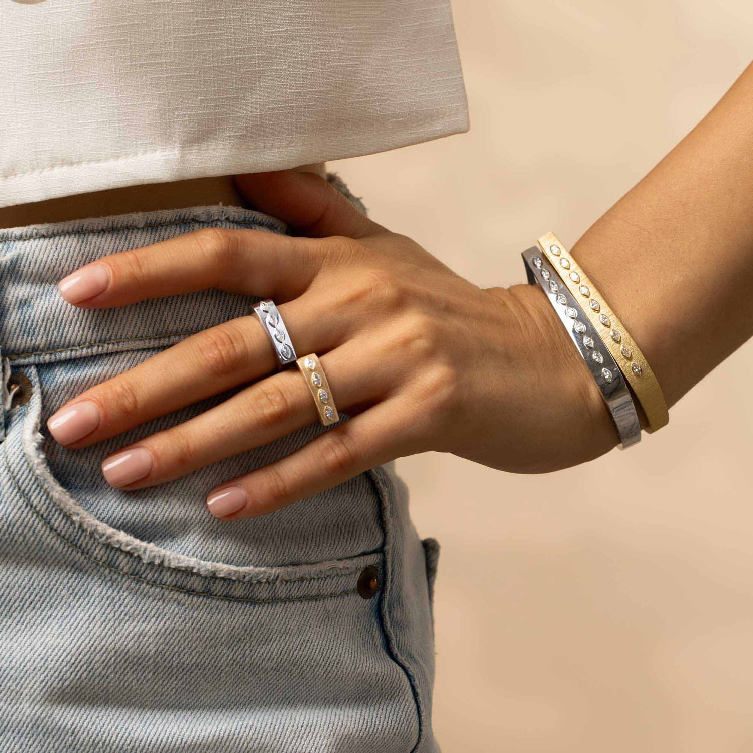 Belle Sculptural Yellow Gold Marquise Diamond Brushed Slim Bangle