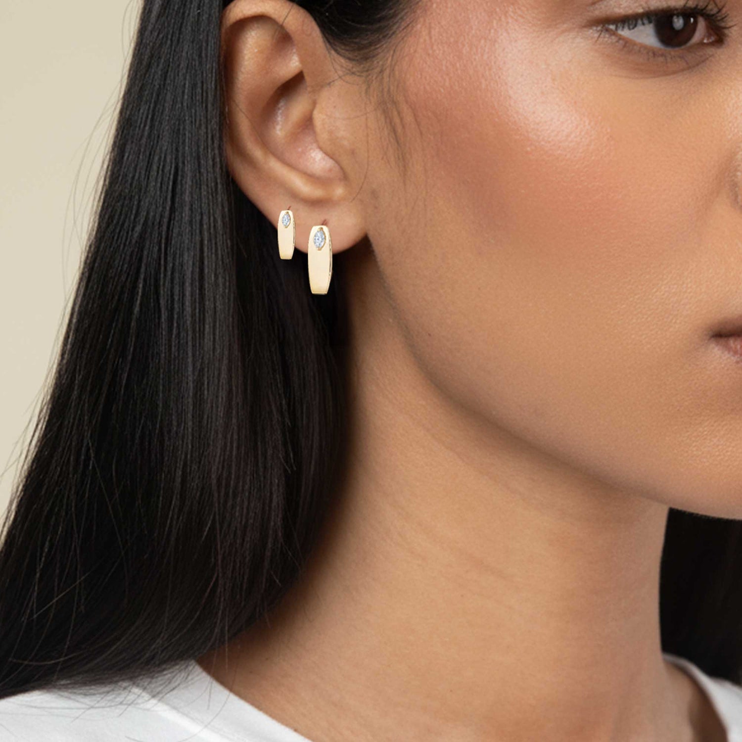 Belle Sculptural Yellow Gold Marquise Diamond High Gloss Small Hoop Earrings