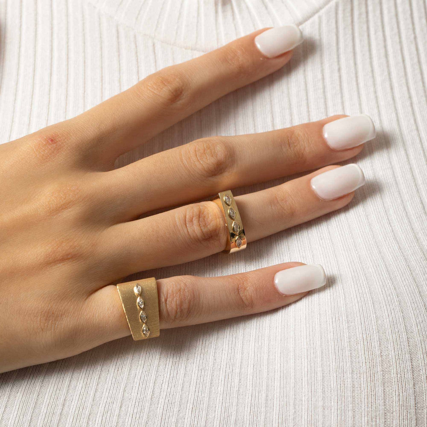Belle Sculptural Yellow Gold Marquise Diamond Brushed Wide Band Ring