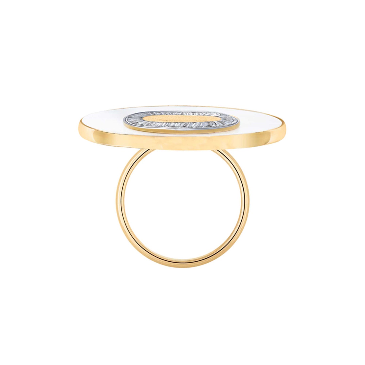 Céleste Yellow Gold Mother of Pearl & Baguette Diamond Circular Rings
