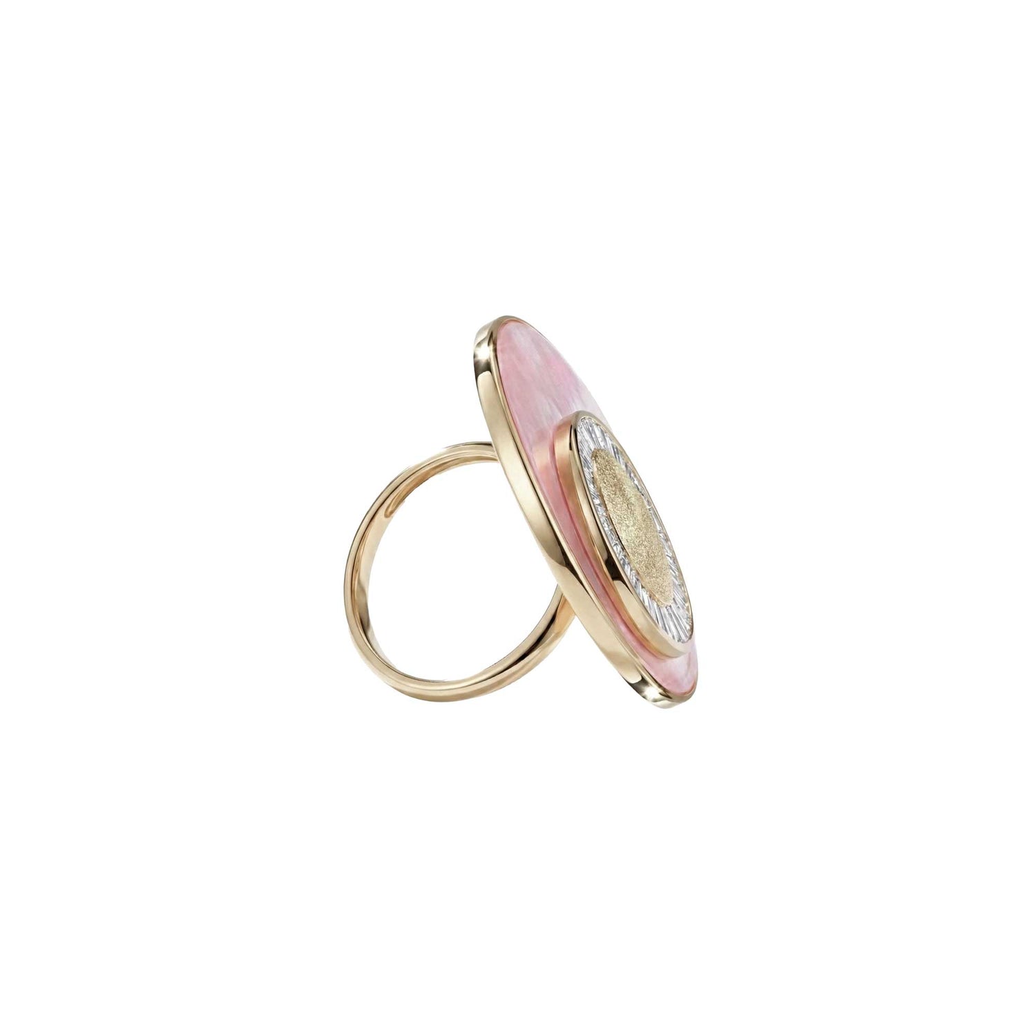 Céleste Yellow Gold Pink Mother of Pearl & Baguette Diamond Circular Ring