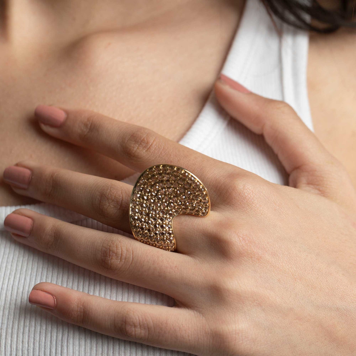 Dune Wave Yellow Gold Diamond Brown Ring
