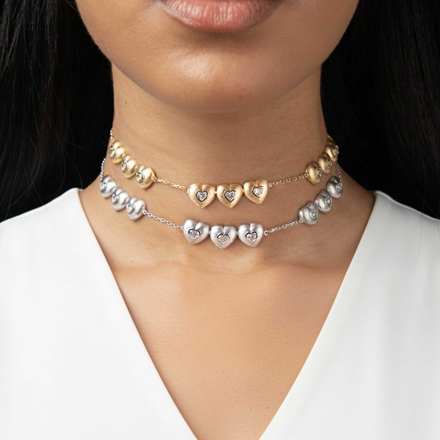 Roma Heart White Gold Diamond 9 Motif Necklace
