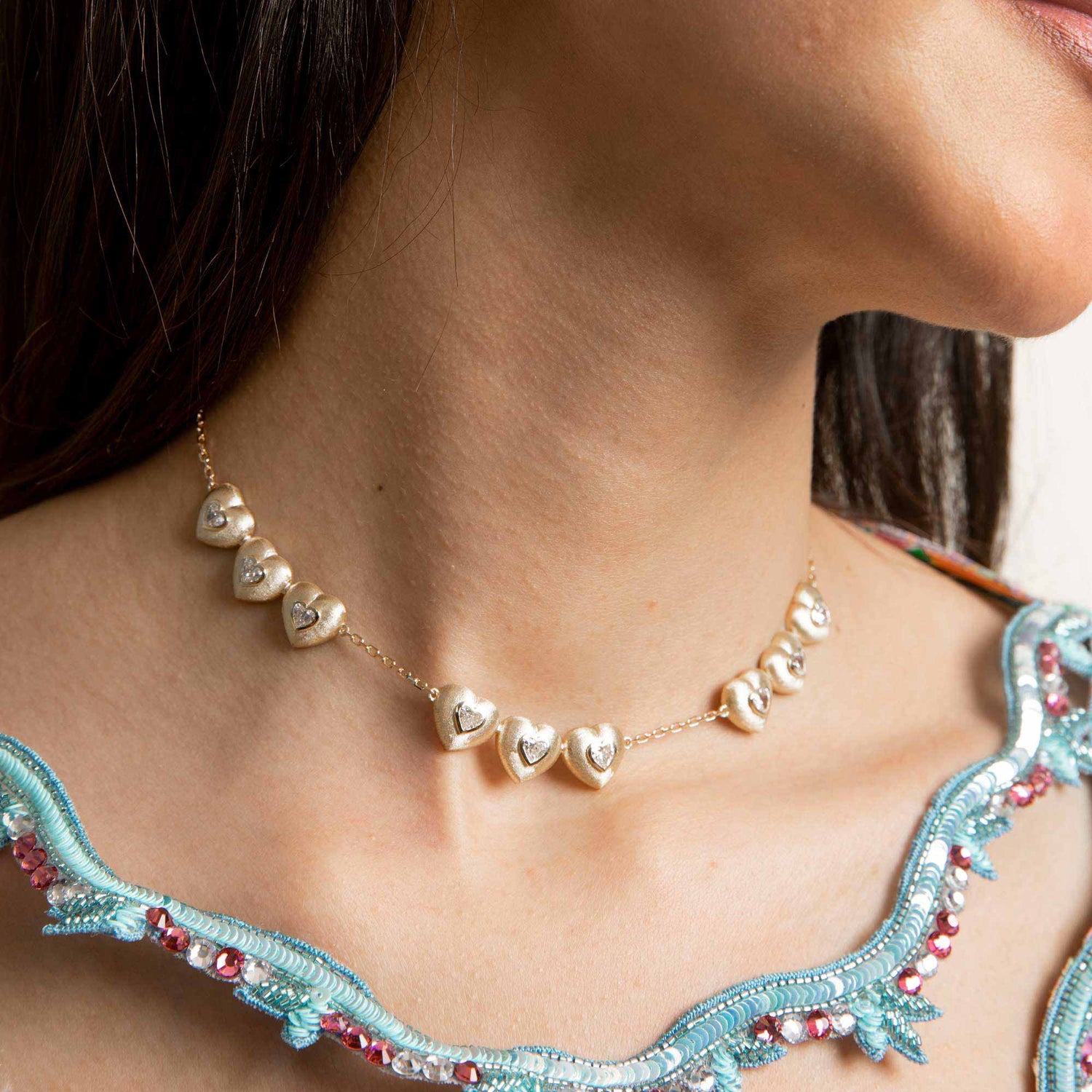Roma Heart Yellow Gold Diamond 9 Motif Necklace