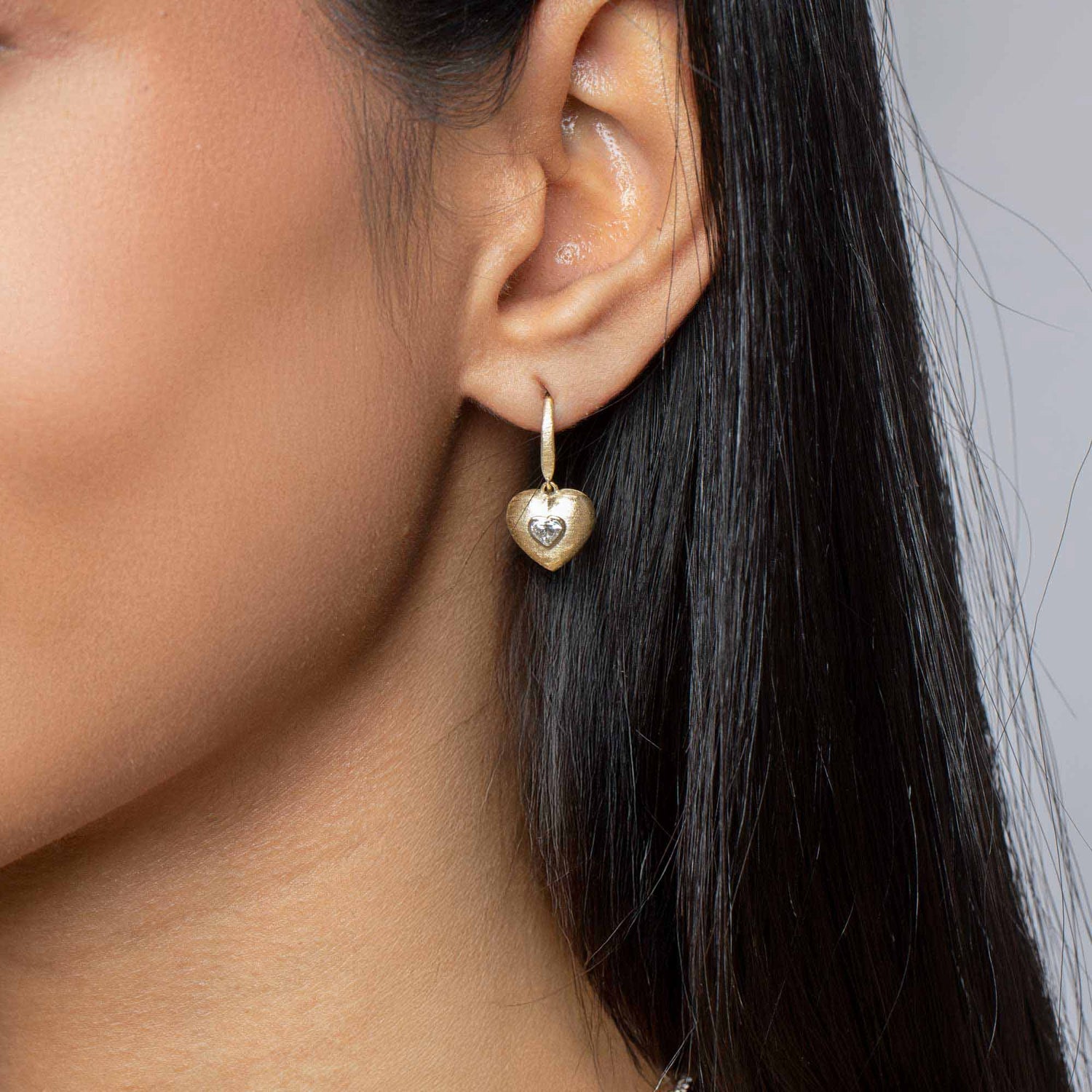 Roma Heart Yellow Gold Heart Diamond Brushed Drop Earrings