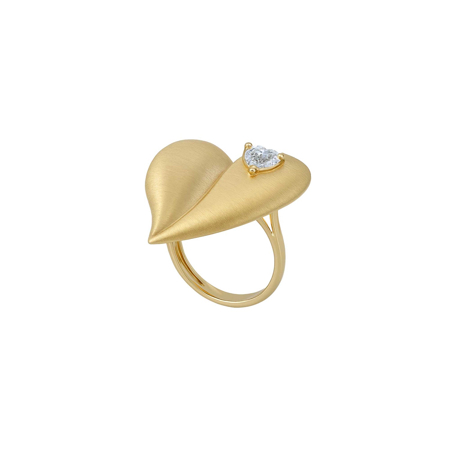 Roma Heart Yellow Gold Heart Diamond Brushed Sculptural Ring