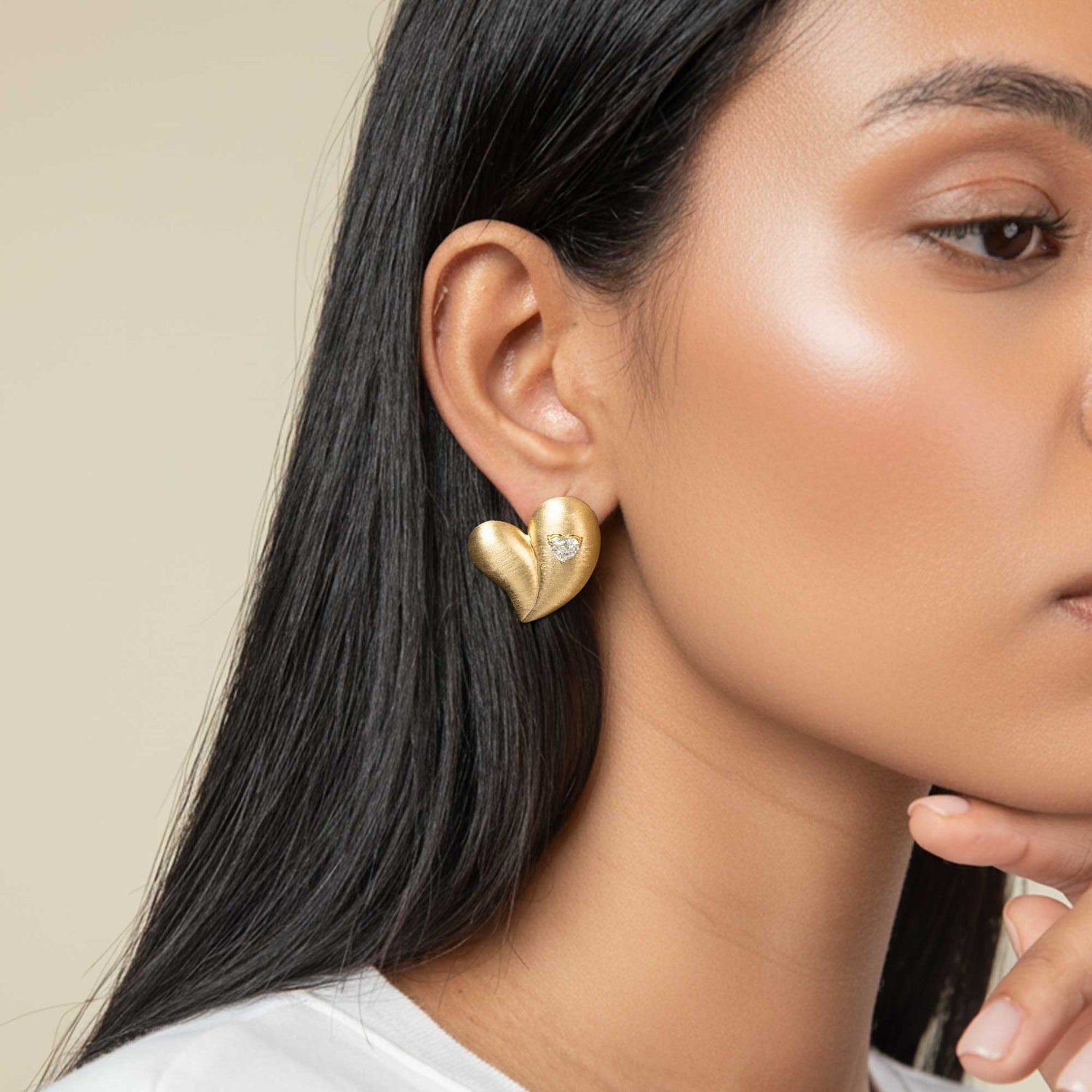 Roma Heart Yellow Gold Heart Diamond Brushed Sculptural Stud Earrings
