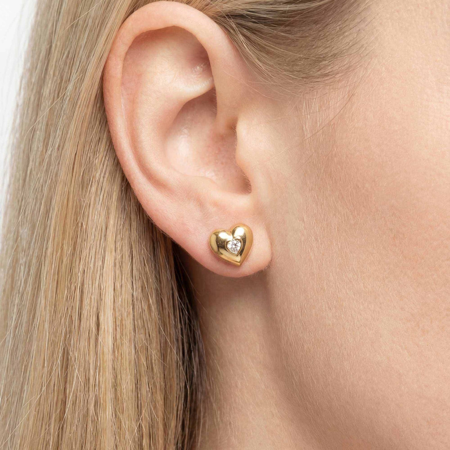 Roma Heart Yellow Gold Heart Diamond High Gloss Stud Earrings