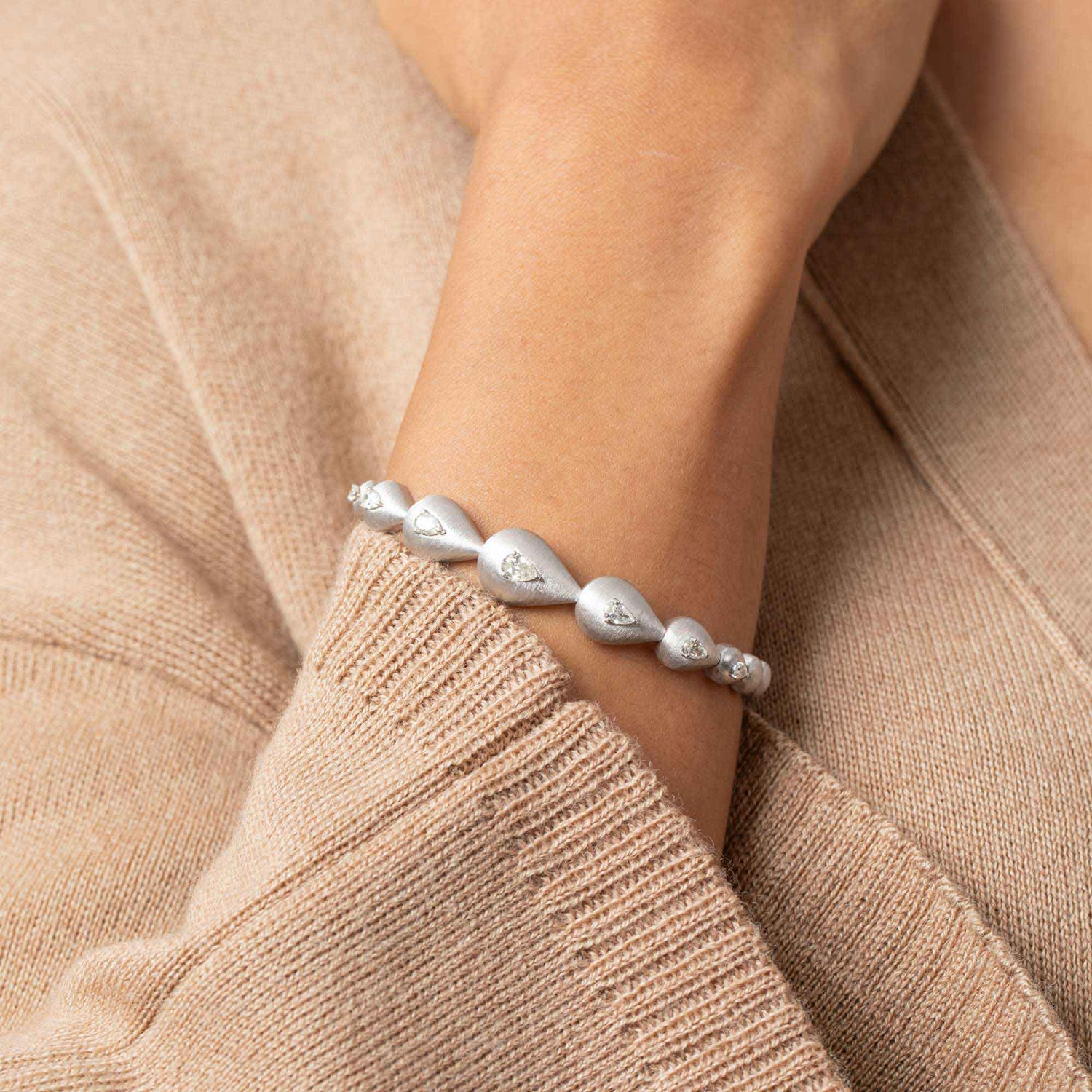 Roma Link Pear White Gold Bezel Diamond Brushed Bangle