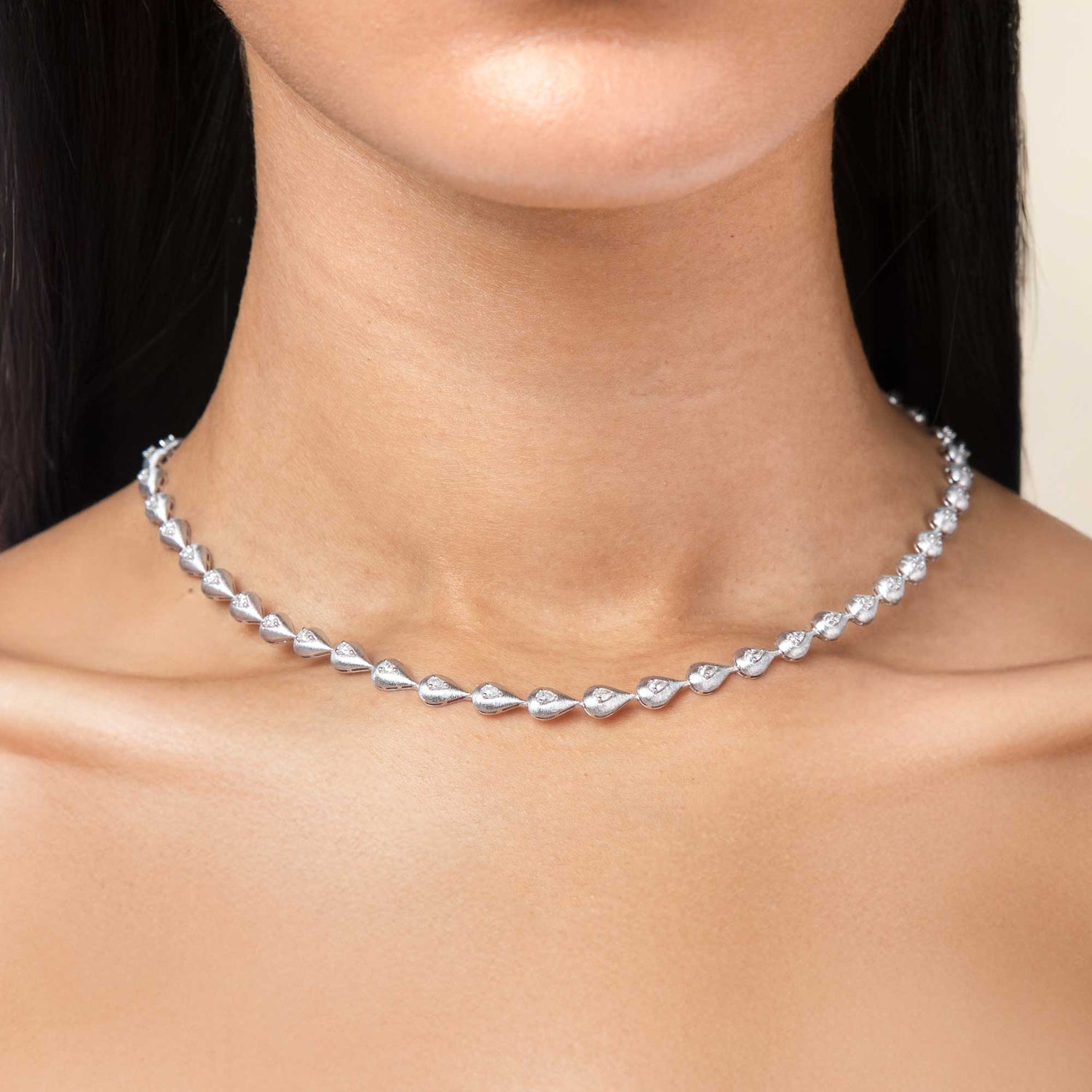 Roma Link Pear White Gold Bezel Diamond Brushed Necklace
