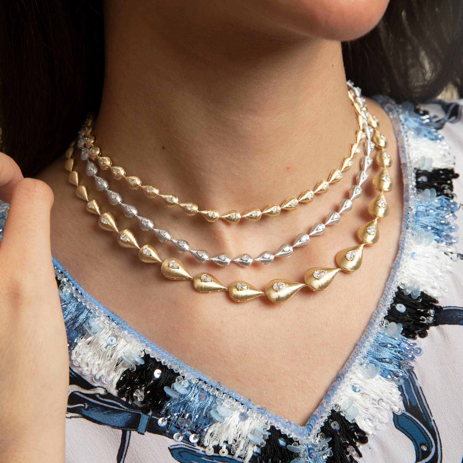 Roma Link Pear White Gold Bezel Diamond Classic Necklace