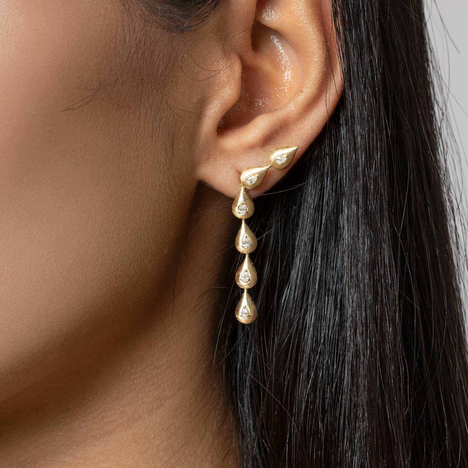 Roma Link Pear Yellow Gold Bezel Diamond 6 Motif Brushed Earrings