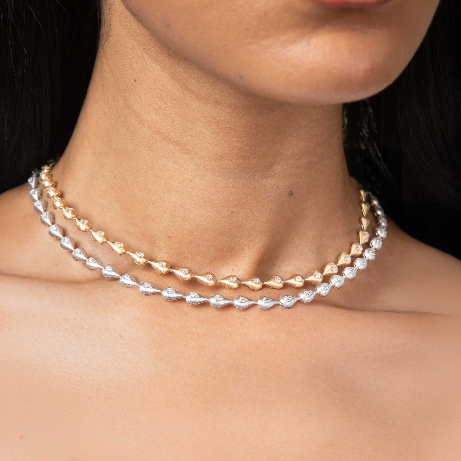 Roma Link Pear Yellow Gold Bezel Diamond Brushed Necklace