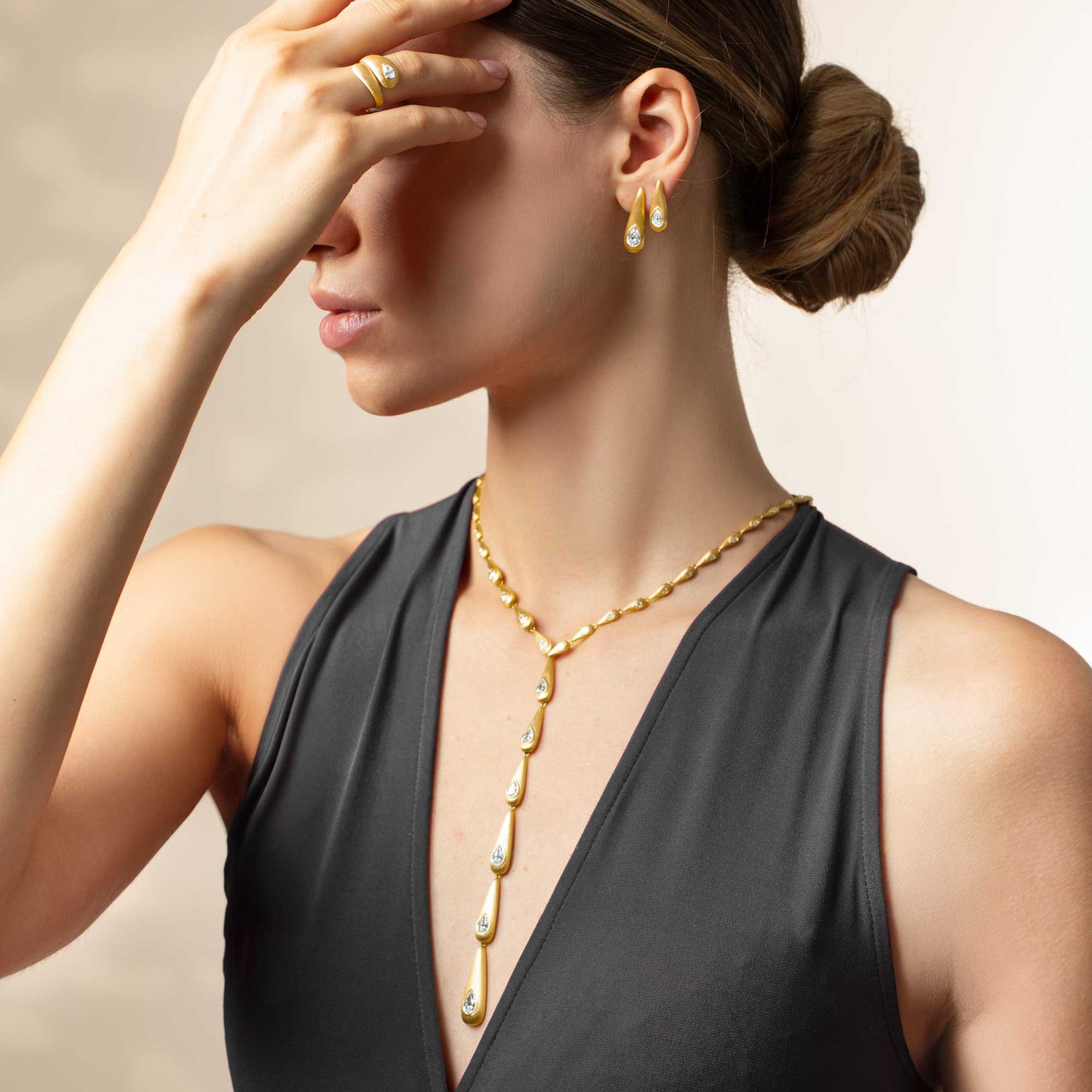 Roma Link Pear Yellow Gold Bezel Diamonds Drop Necklace