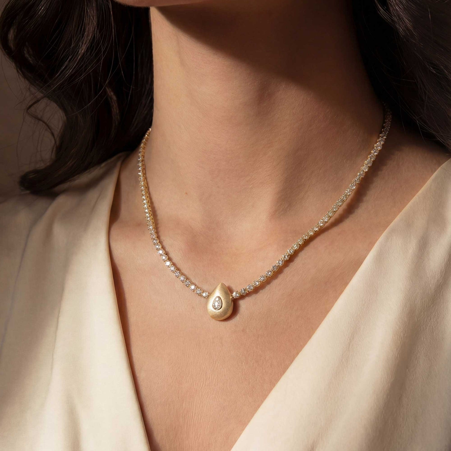 Roma Pear Yellow Gold Bezel Diamond Chain Necklace