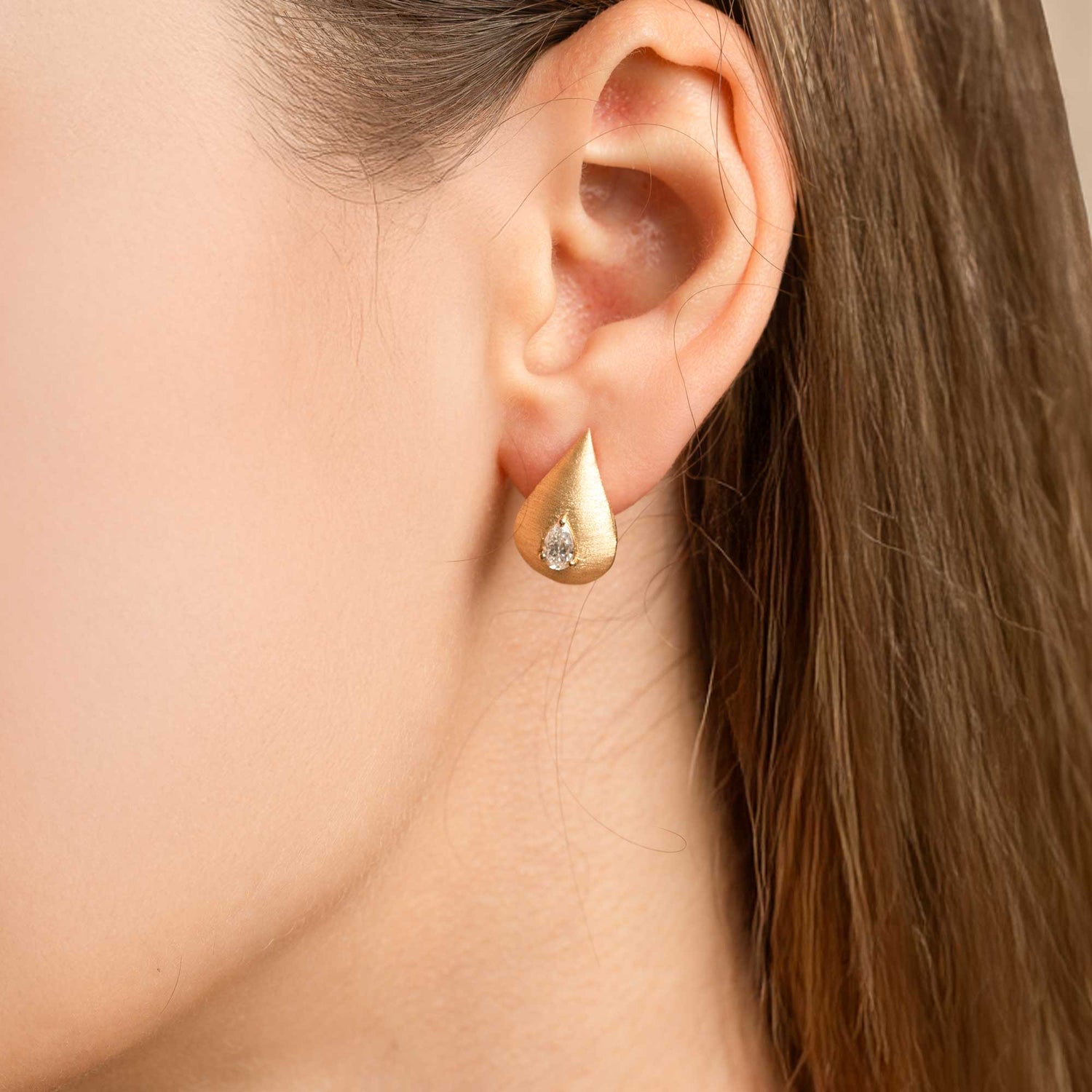 Roma Pear Yellow Gold Pear Diamond Brushed Earrings