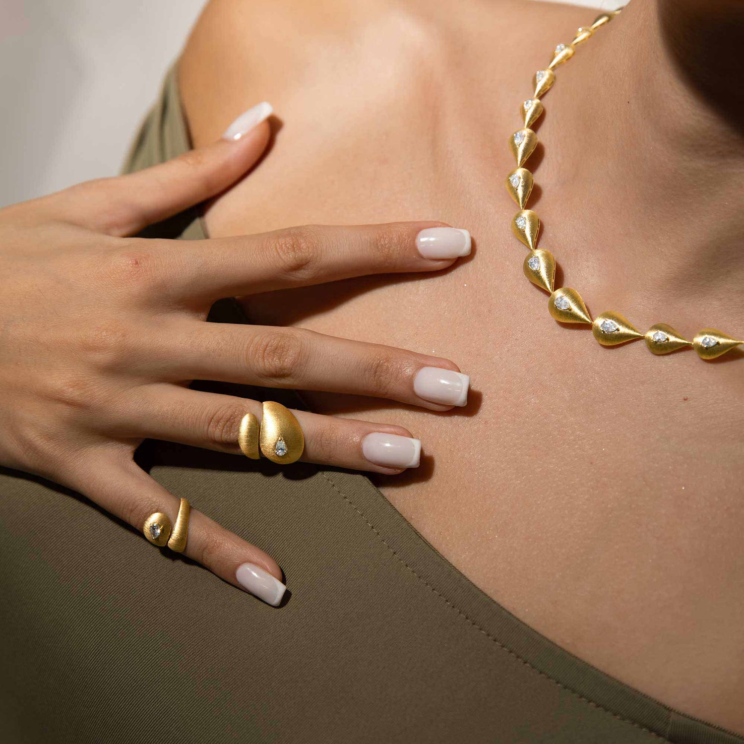 Roma Pear Yellow Gold Pear Diamond Brushed Sculptural Wrap Ring