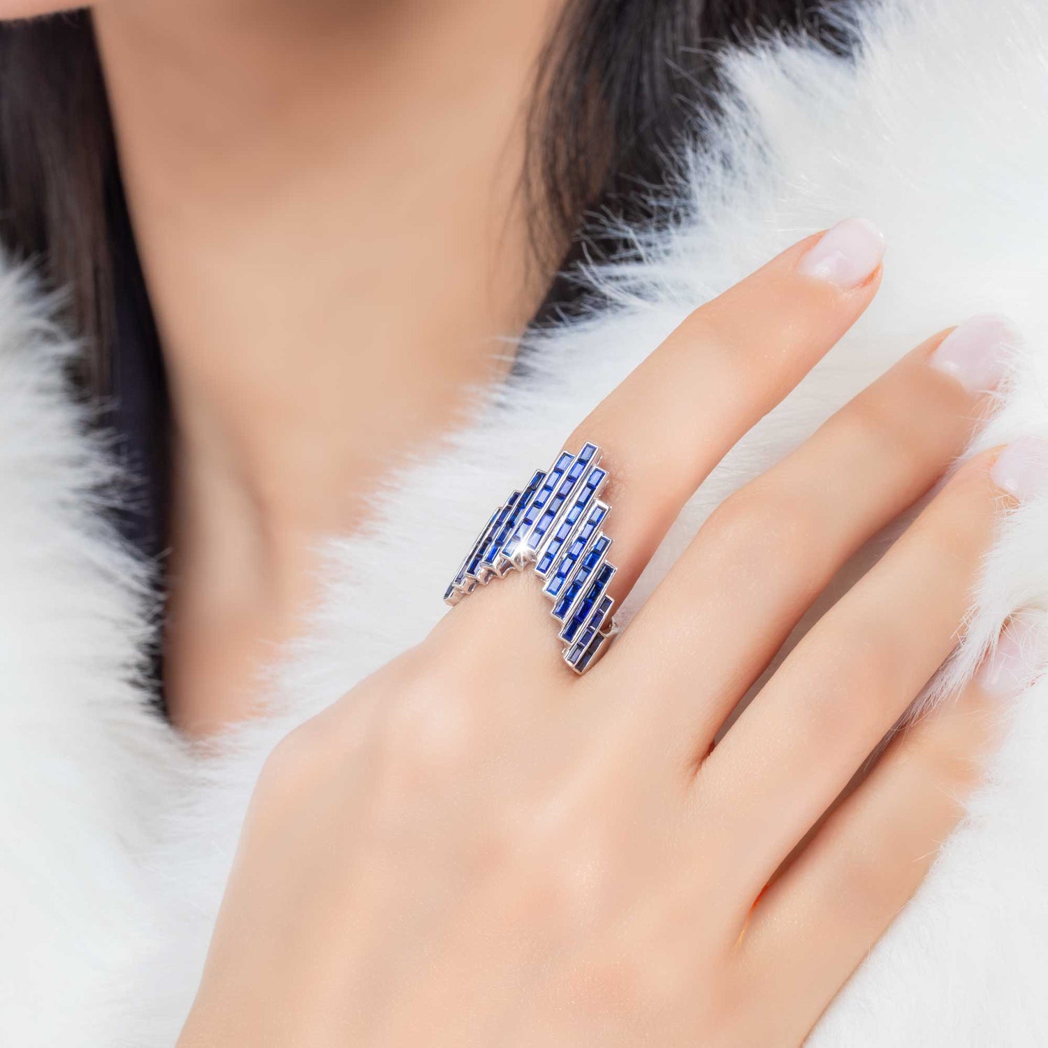Satine Galaxy Blue Sapphire White Gold Baguette Ring