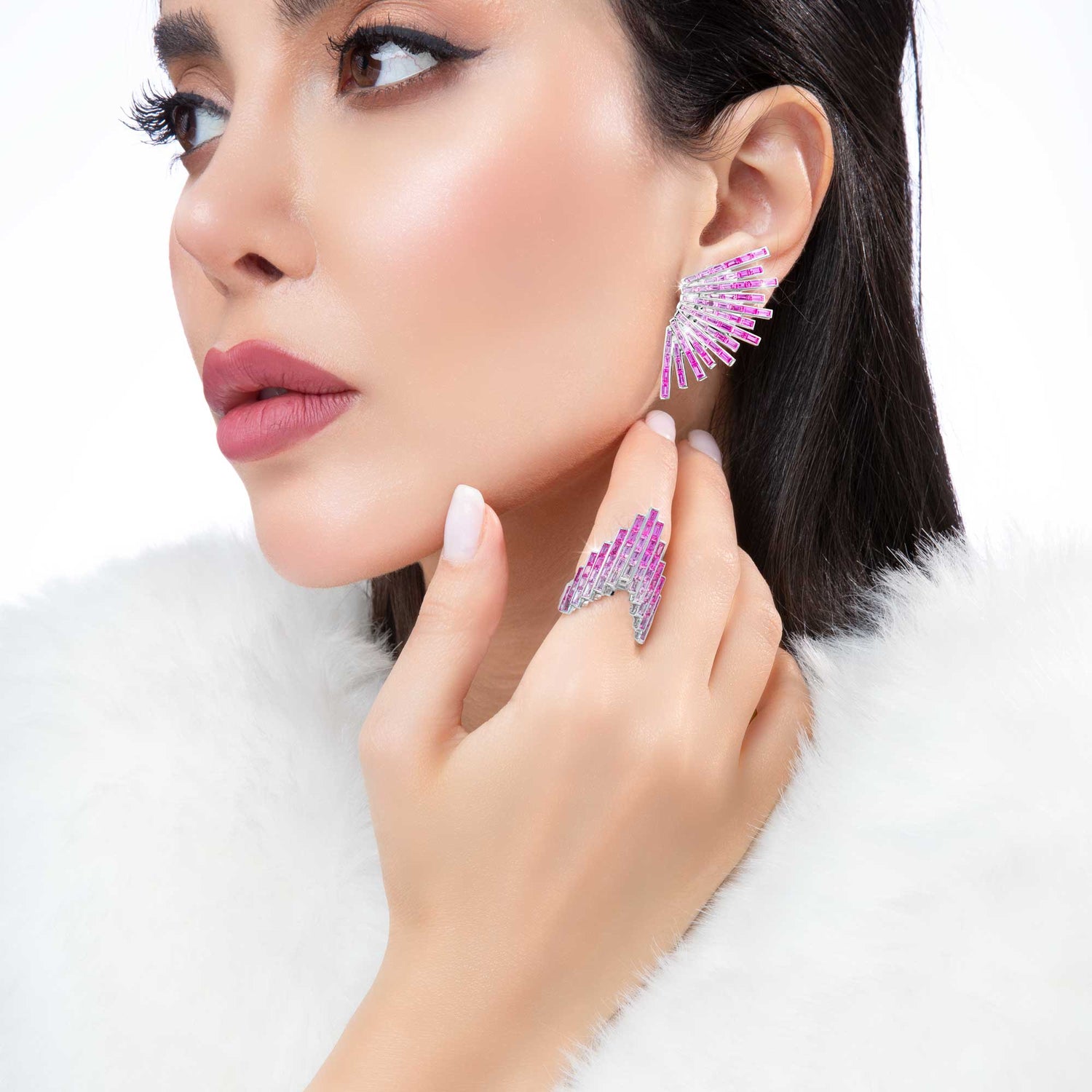 Satine Galaxy Pink Sapphire White Gold Baguette Earring