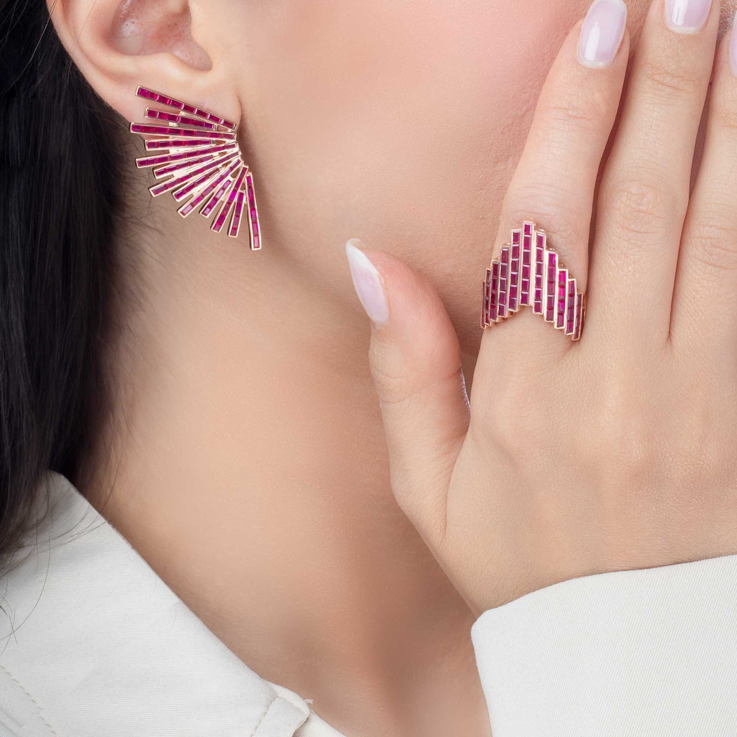 Satine Galaxy Ruby Rose Gold Baguette Earring