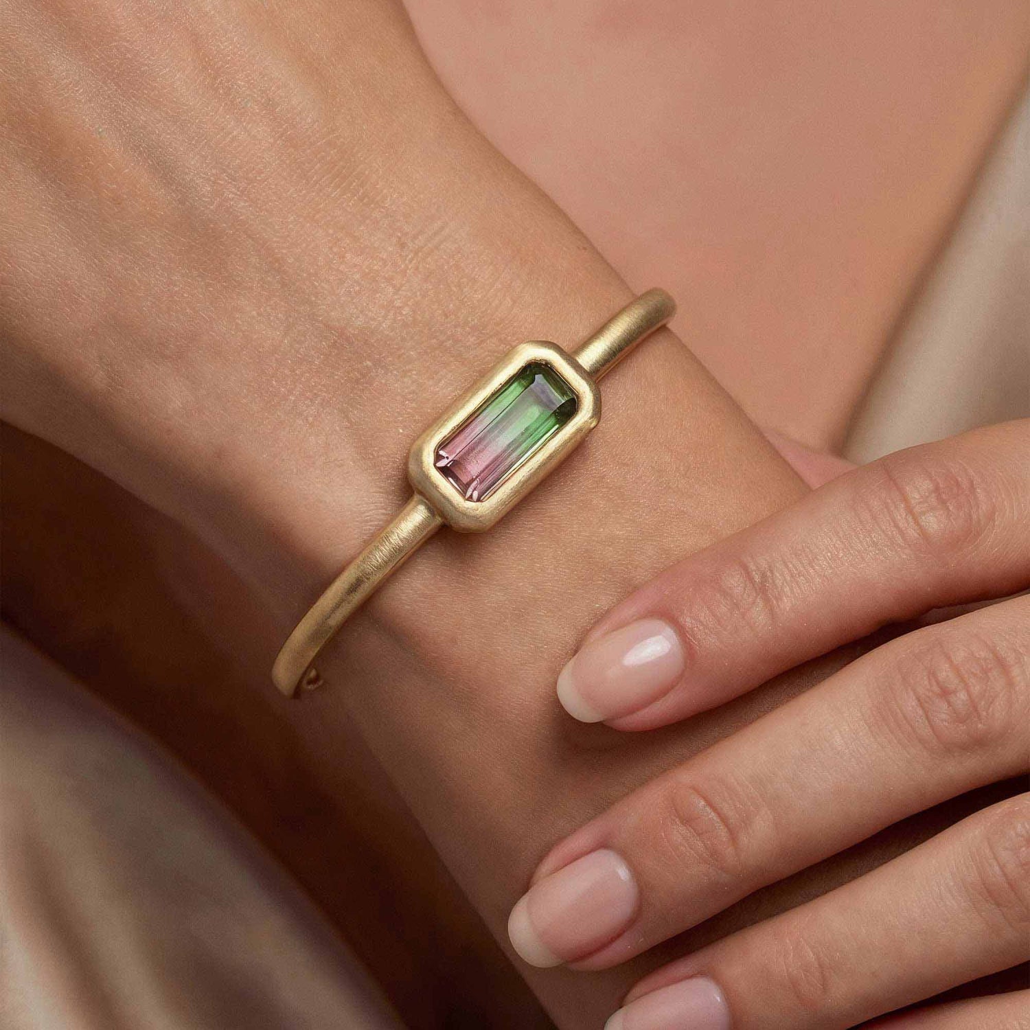 Satine Multi-Color Stone Yellow Gold Elongated Rectangular Brushed Bangle