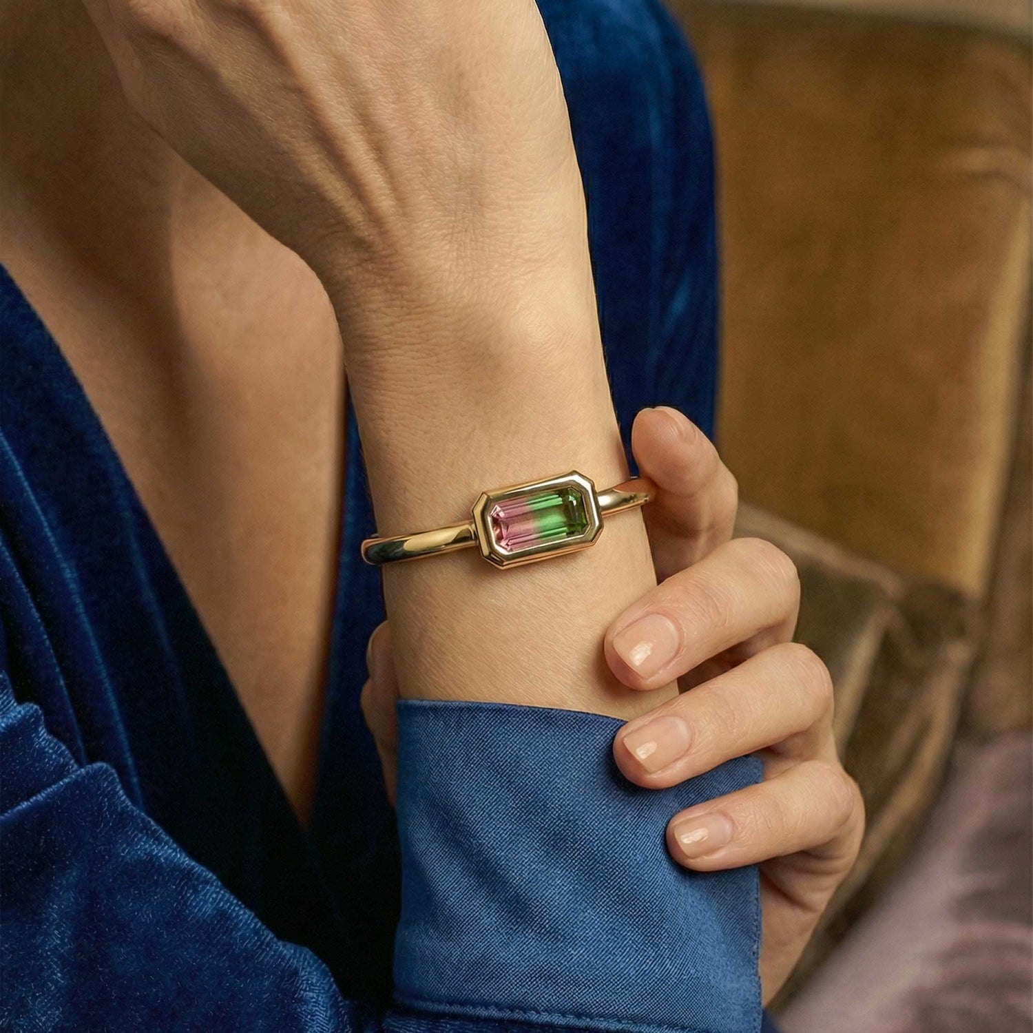 Satine Multi-Color Stone Yellow Gold Elongated Rectangular High Gloss Bangle