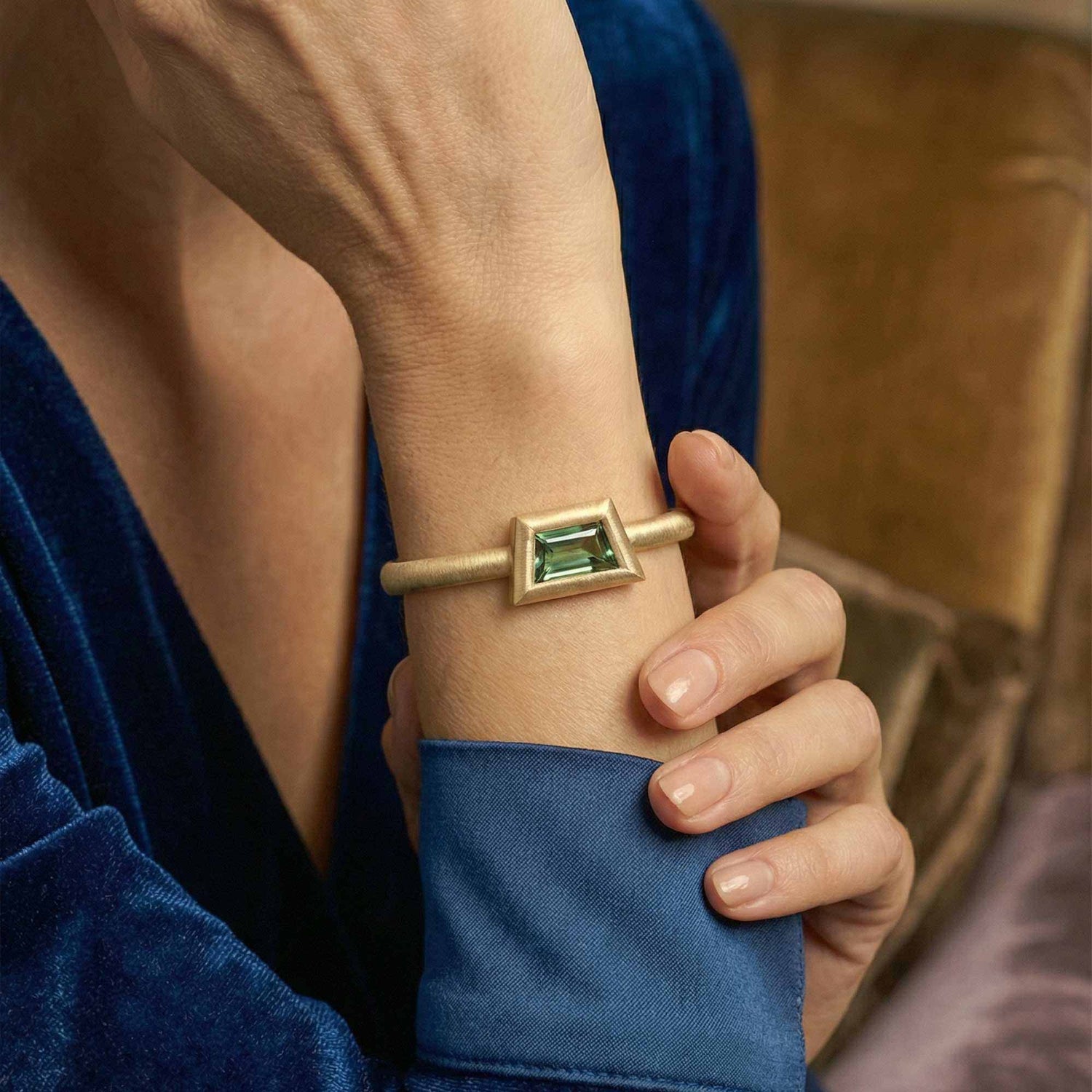 Satine Multi-Color Stone Yellow Gold Tilted Rectangular Brushed Bangle