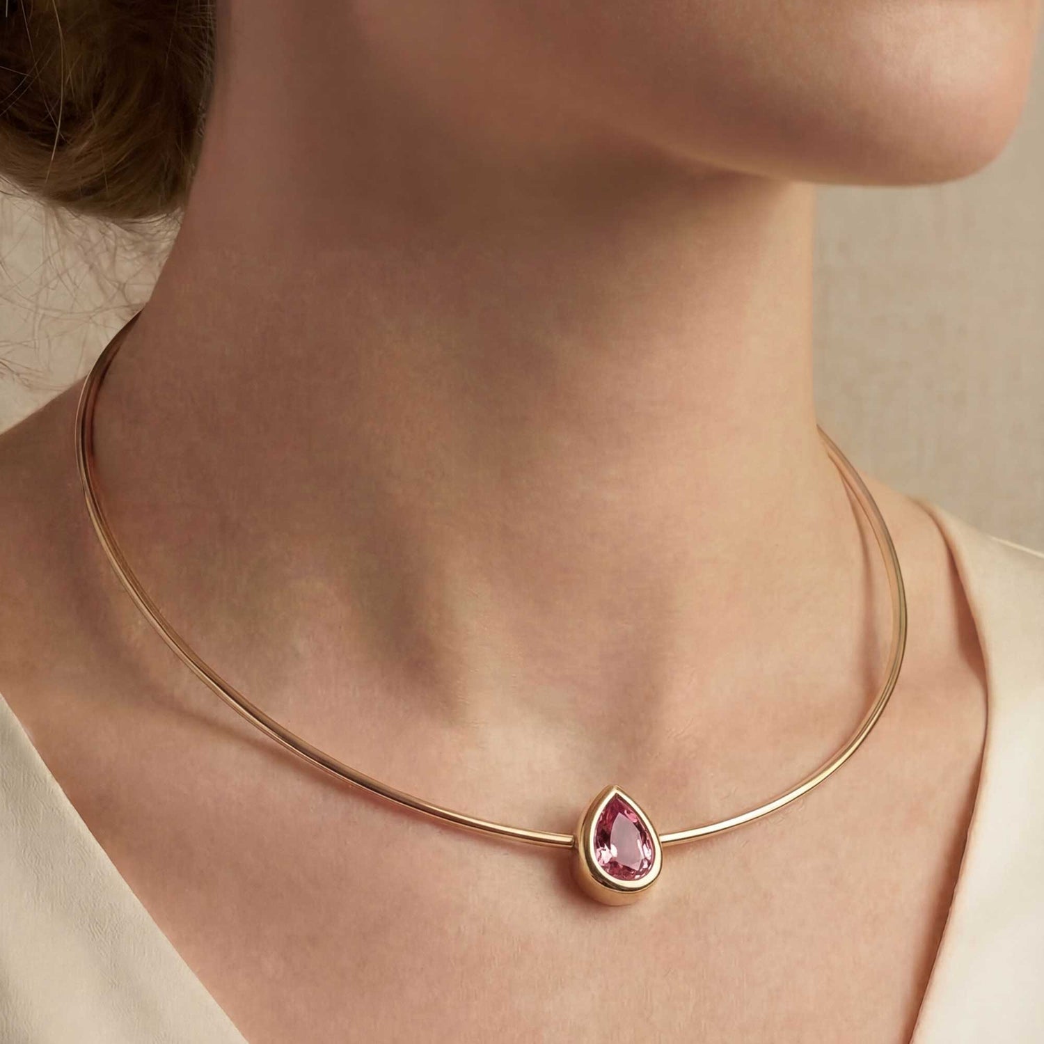 Satine Pink Tourmaline Yellow Gold Pear High Gloss Necklace