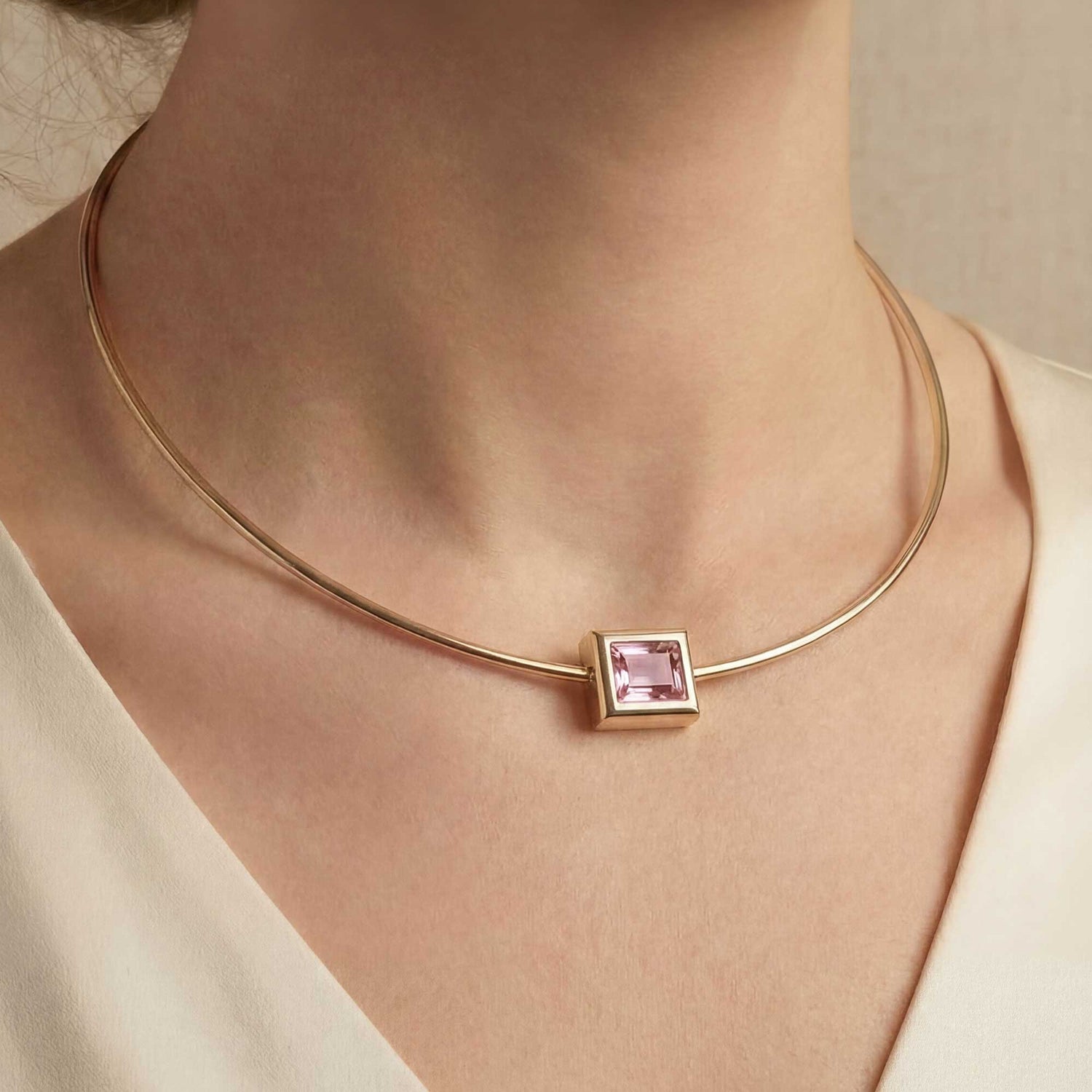 Satine Pink Tourmaline Yellow Gold Square Brushed Necklace