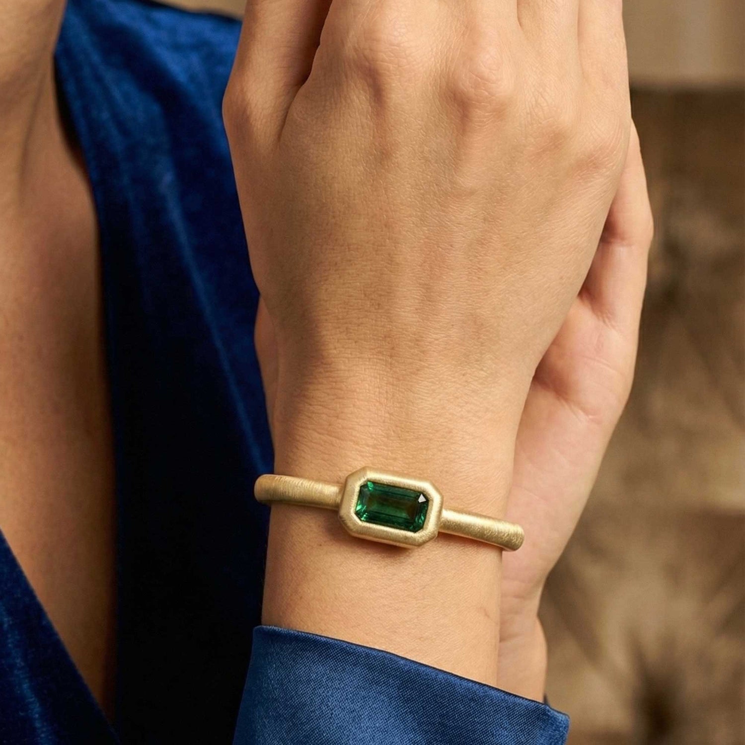 Satine Tourmaline Yellow Gold Elongated Rectangular Bangle