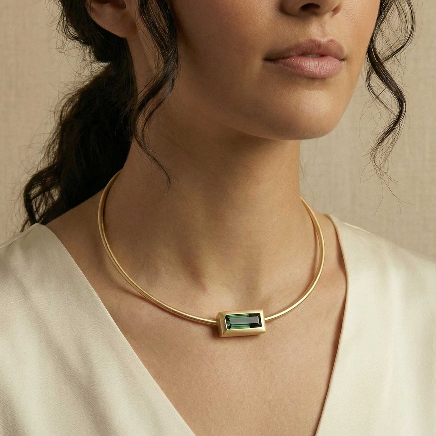 Satine Tourmaline Yellow Gold Rectangular Bar Brushed Necklace