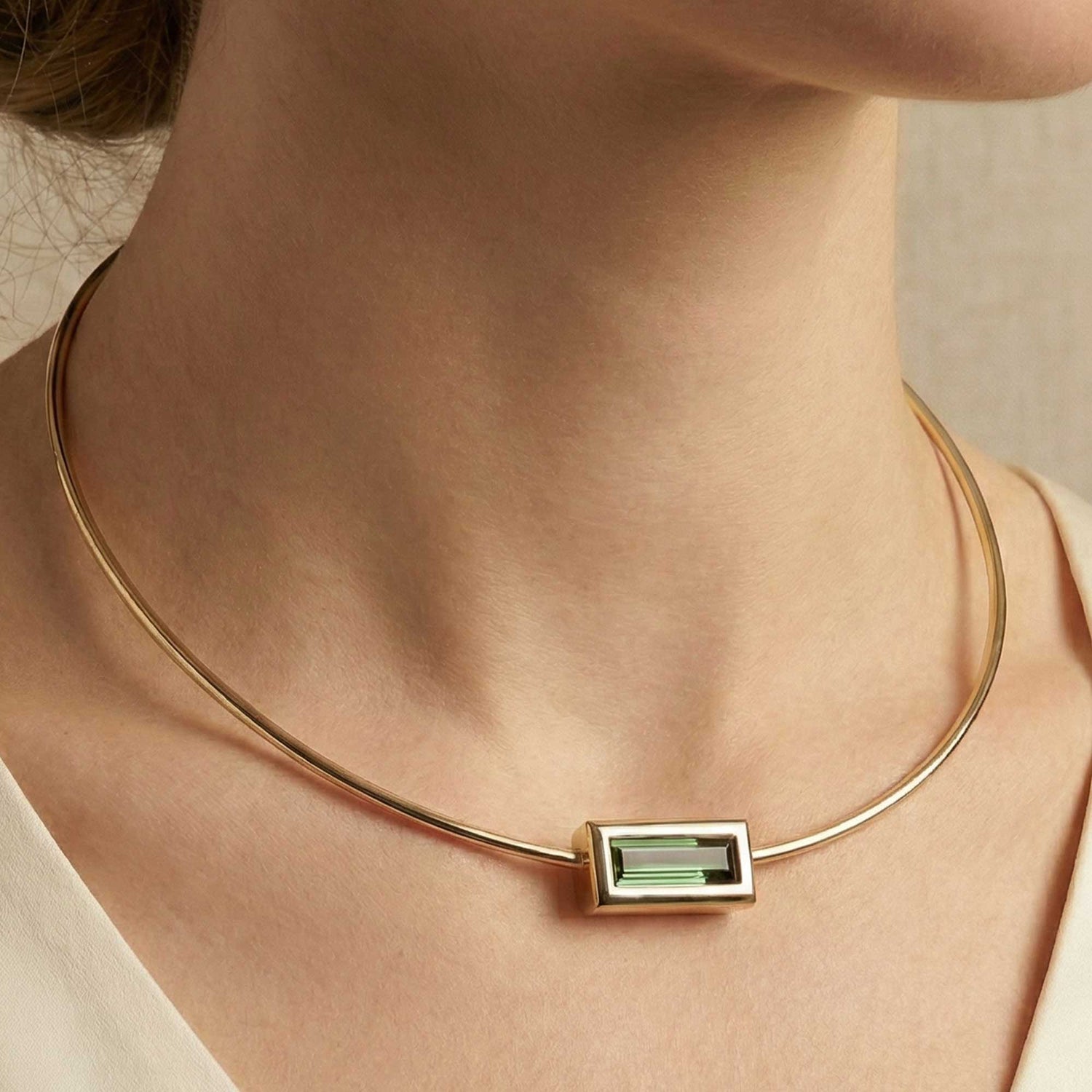 Satine Tourmaline Yellow Gold Rectangular Bar High Gloss Necklace