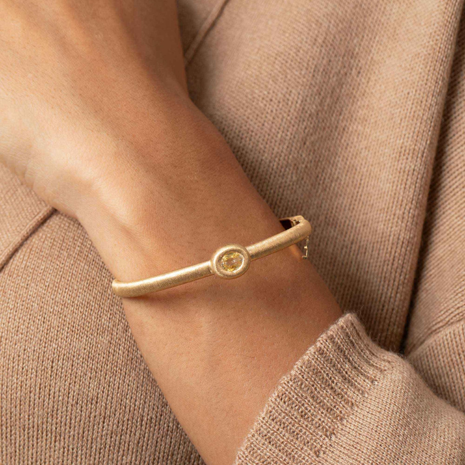 Satine Yellow Gold Brushed Light Yellow Sapphire Solitaire Bangle
