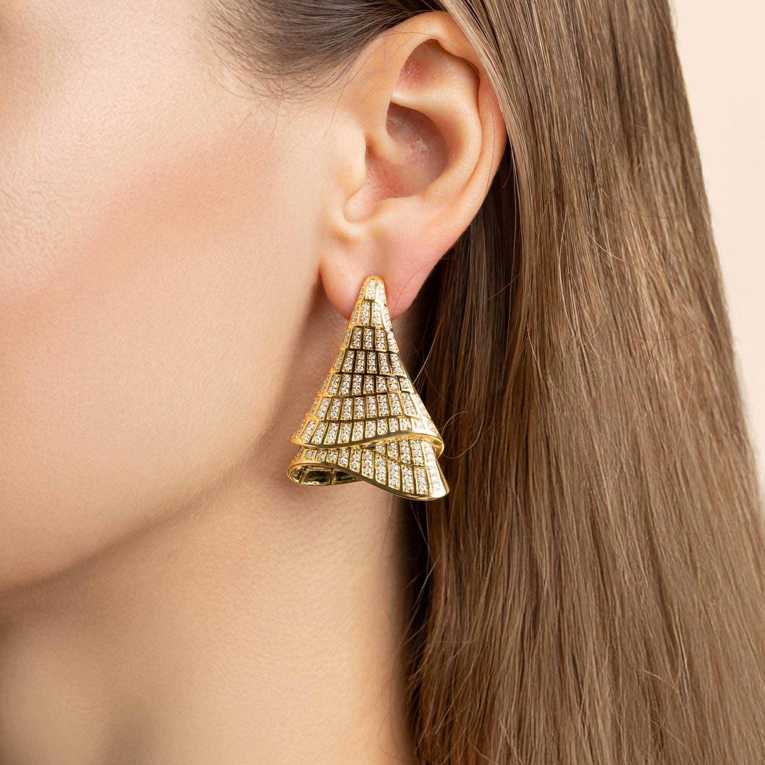 Sia Layered Yellow Gold Pavé Diamond High Gloss Large Statement Earrings