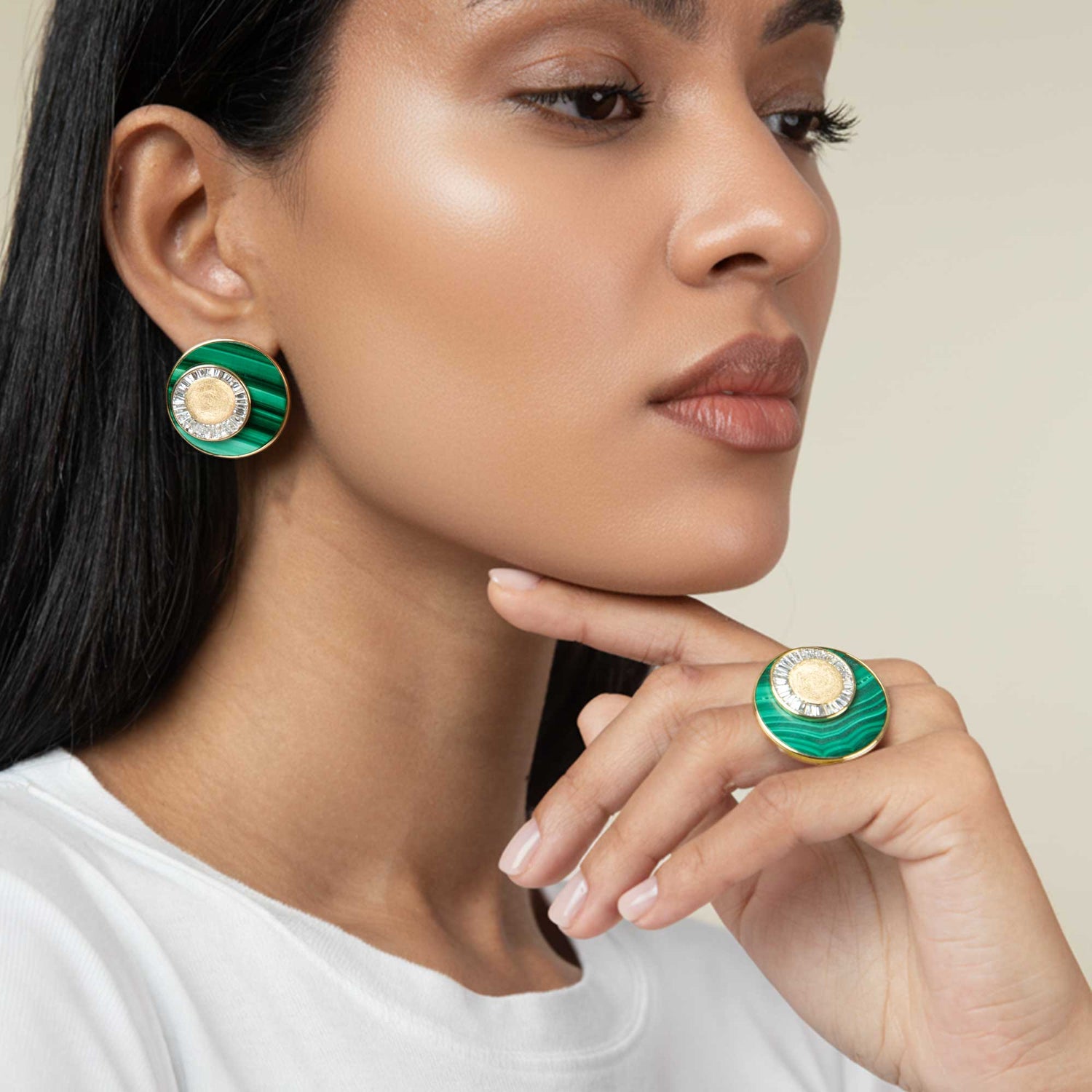 Céleste Yellow Gold Malachite & Baguette Diamond Circular Rings
