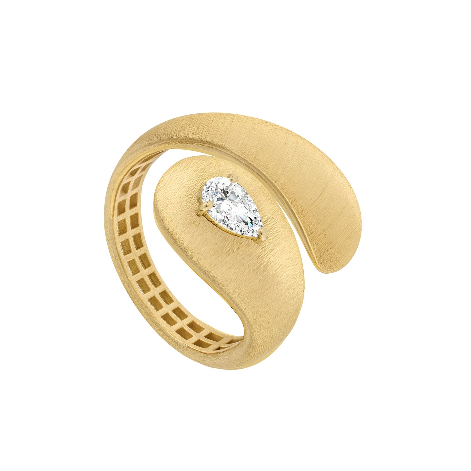 Roma Pear Yellow Gold Pear Diamond Brushed Sculptural Wrap Ring
