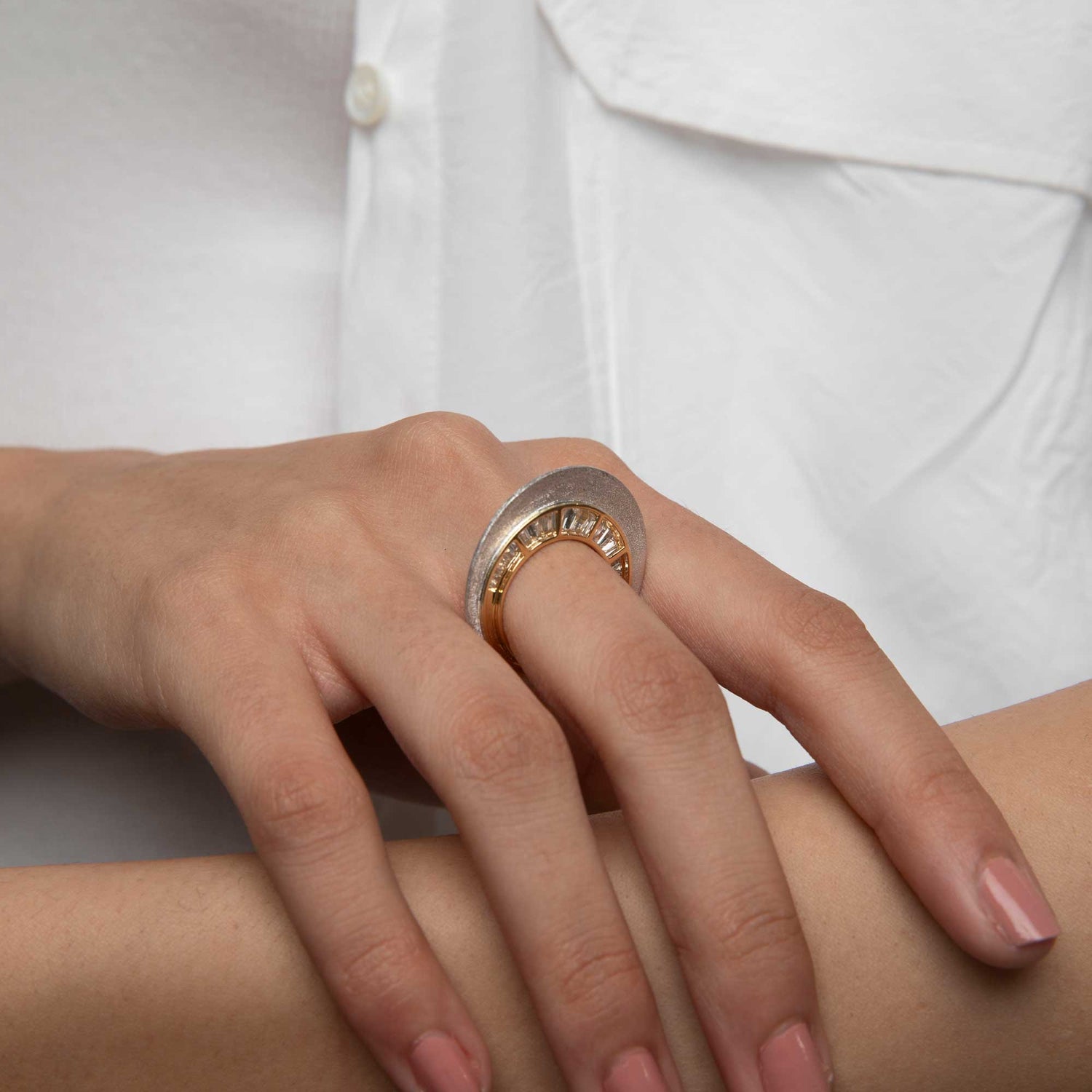 Céleste White Gold & Yellow Gold Baguette Diamond Sand Finish Ring