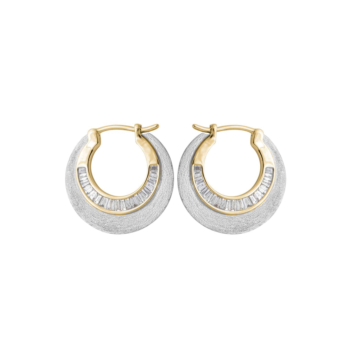 Céleste White Gold & Yellow Gold Baguette Diamond Sand Finish Hoop Earrings
