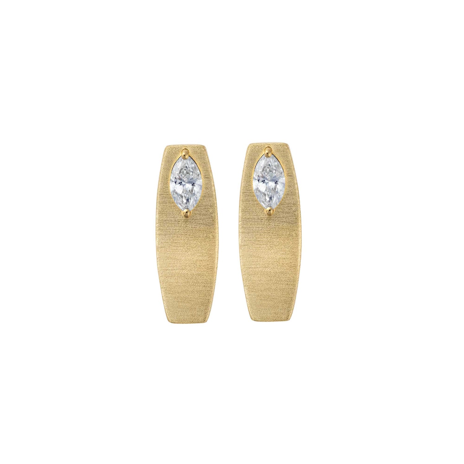 Belle Sculptural Yellow Gold Marquise Diamond Brushed Medium Hoop Earrings
