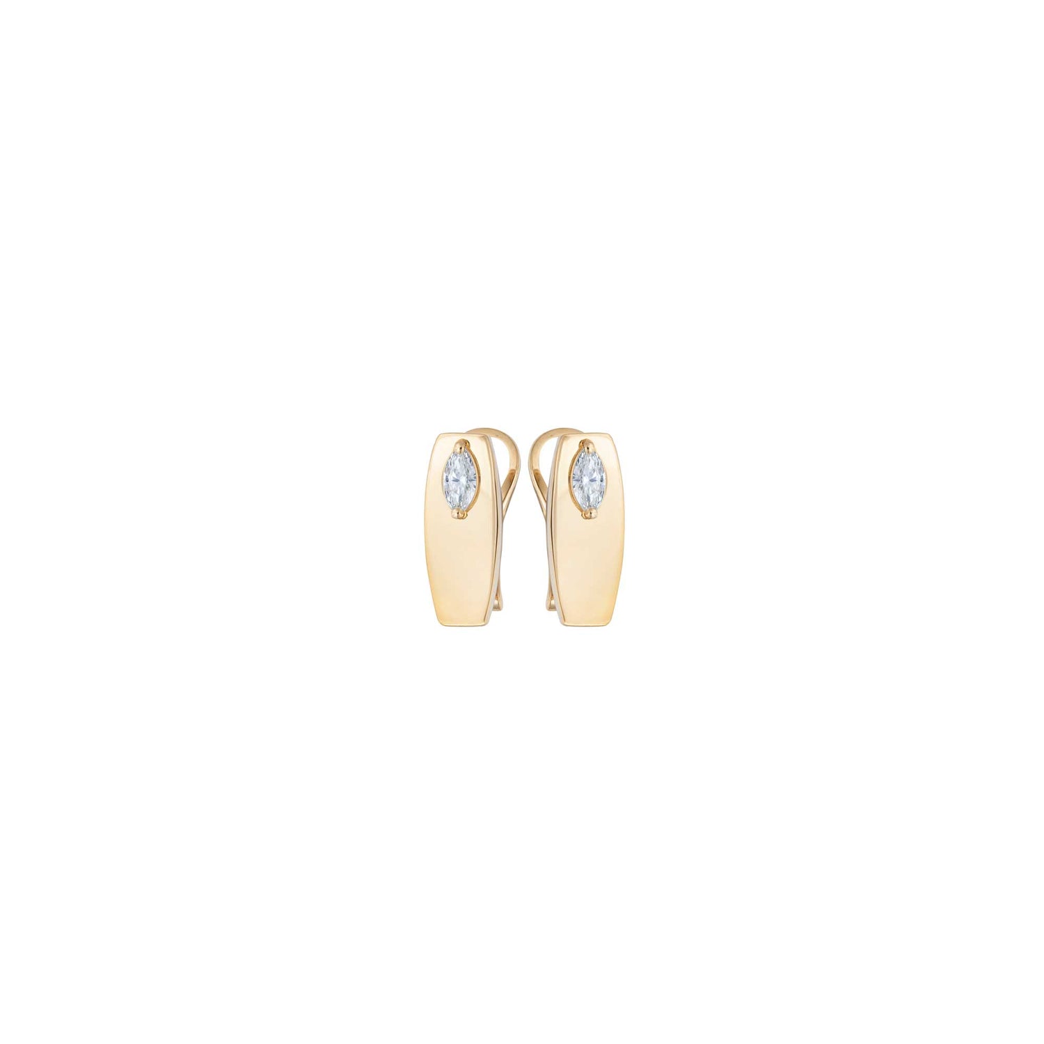 Belle Sculptural Yellow Gold Marquise Diamond High Gloss Small Hoop Earrings