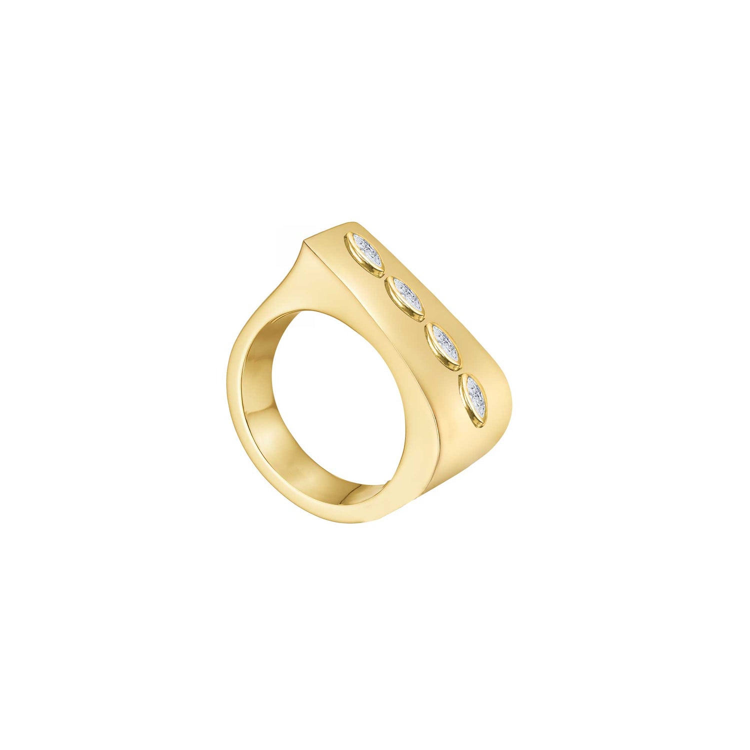 Belle Sculptural Yellow Gold Marquise Diamond High Gloss Wide Band Ring